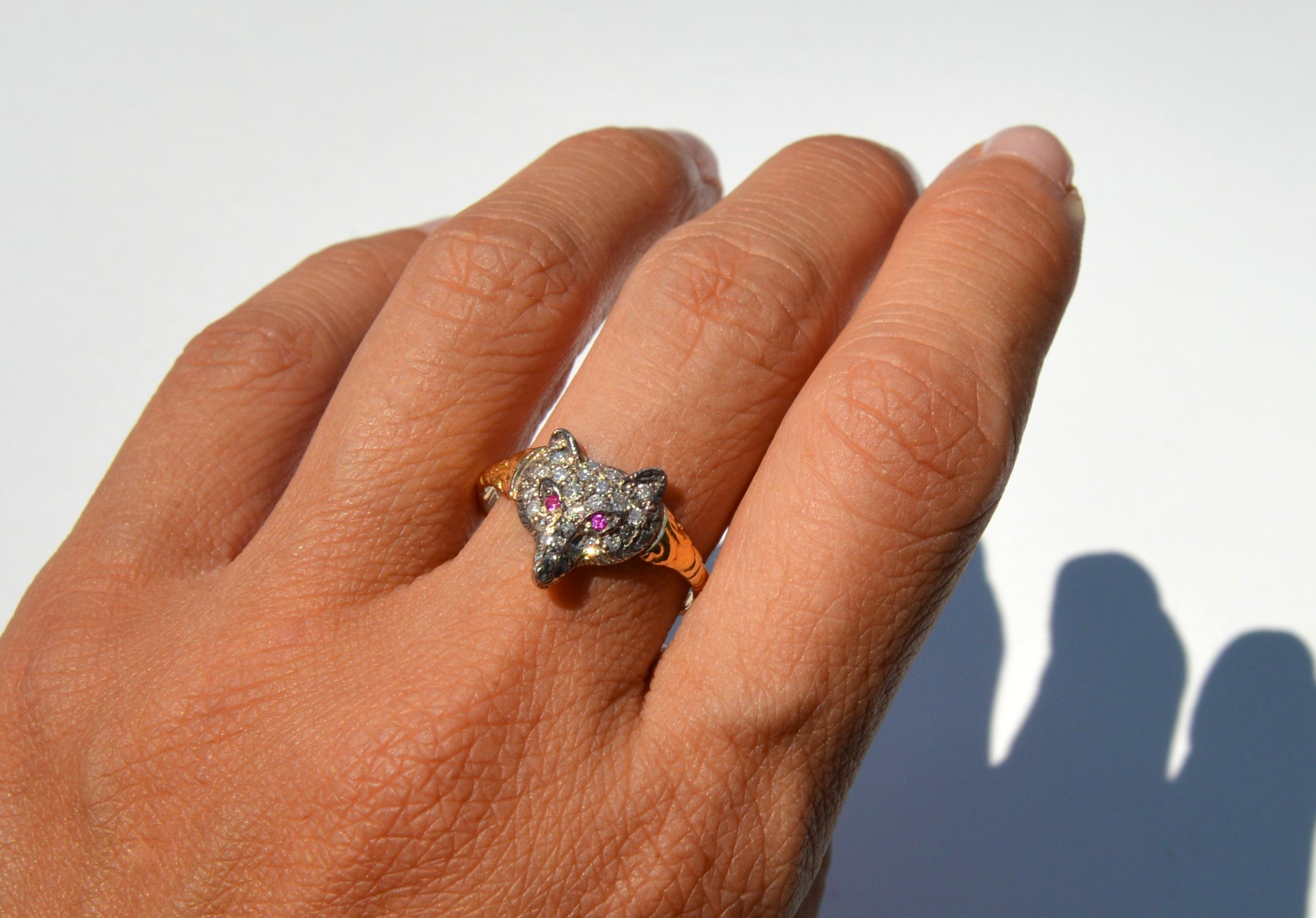 Antique Edwardian Era Diamond Ruby Fox 18 Karat Gold Ring For Sale 3