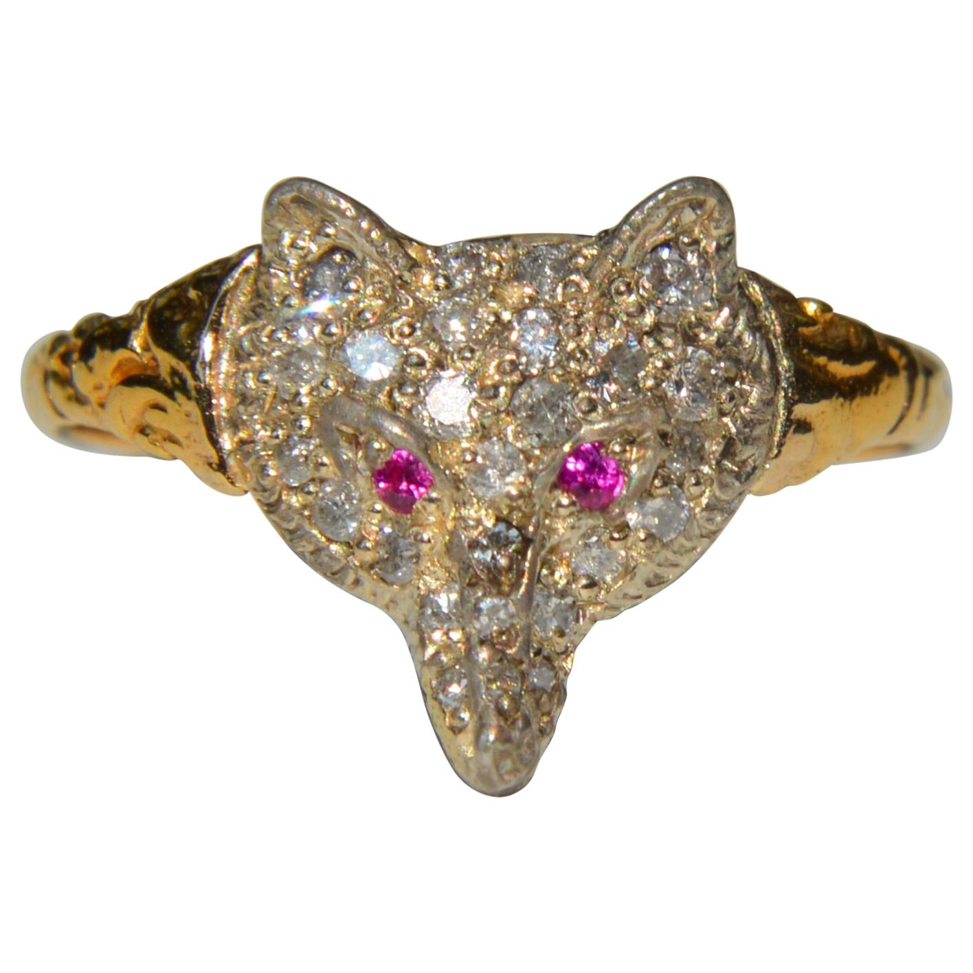 Antique Edwardian Era Diamond Ruby Fox 18 Karat Gold Ring For Sale