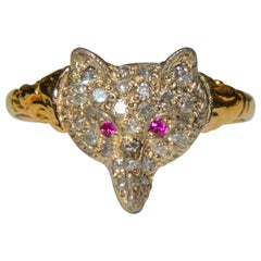 Antique Edwardian Era Diamond Ruby Fox 18 Karat Gold Ring