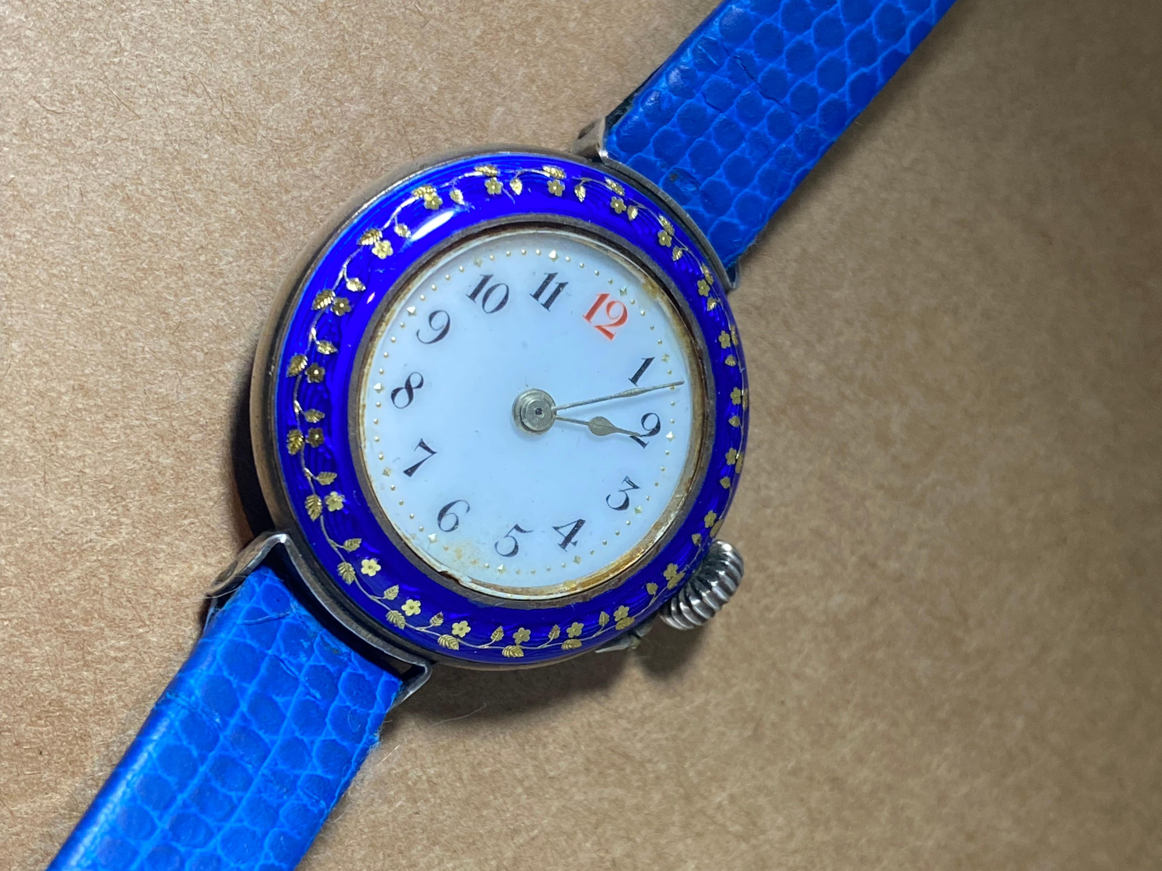 Antique Edwardian European Silver & Blue Enamel 28mm Ladies' Wristwatch 1