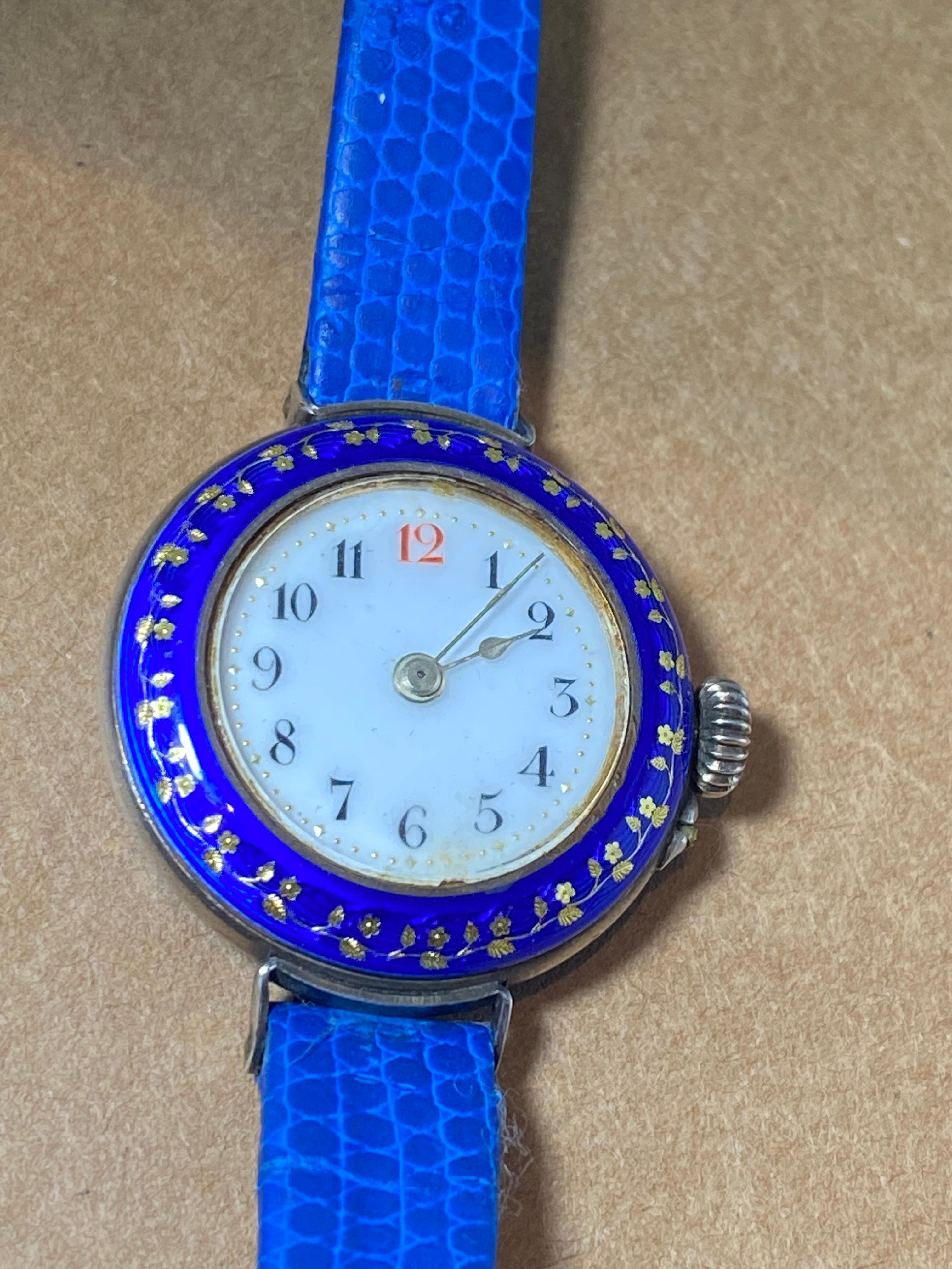 Antique Edwardian European Silver & Blue Enamel 28mm Ladies' Wristwatch 2