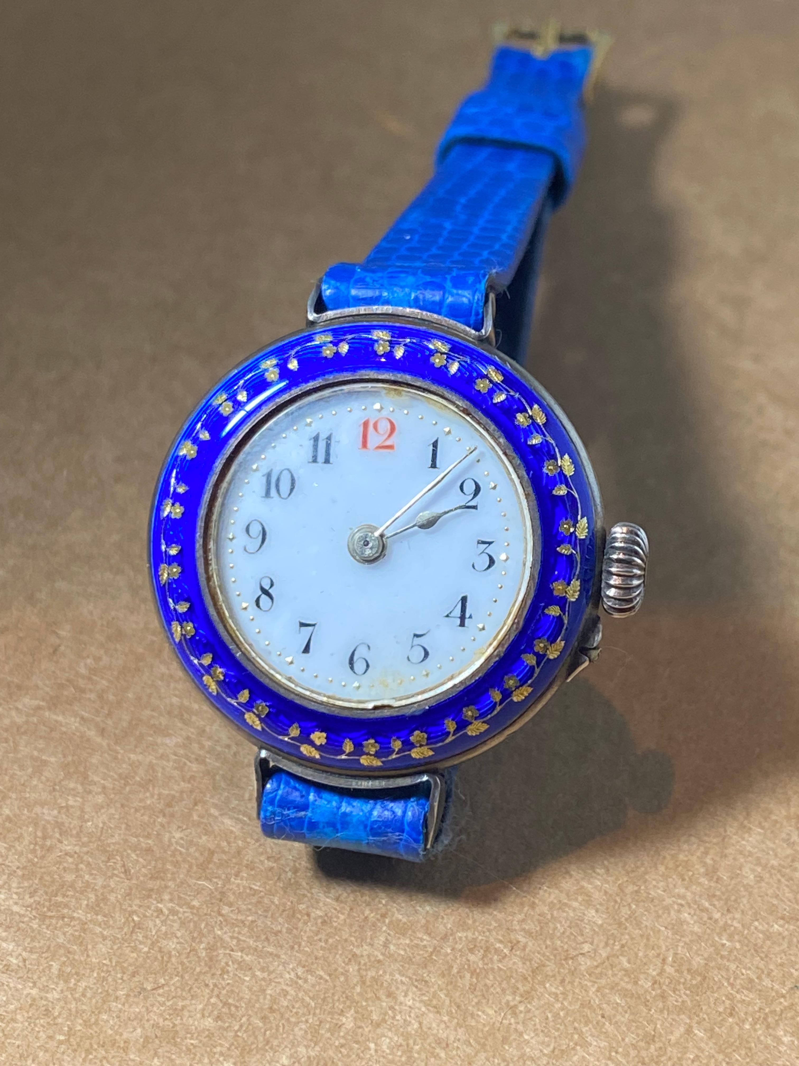 Antique Edwardian European Silver & Blue Enamel 28mm Ladies' Wristwatch 3