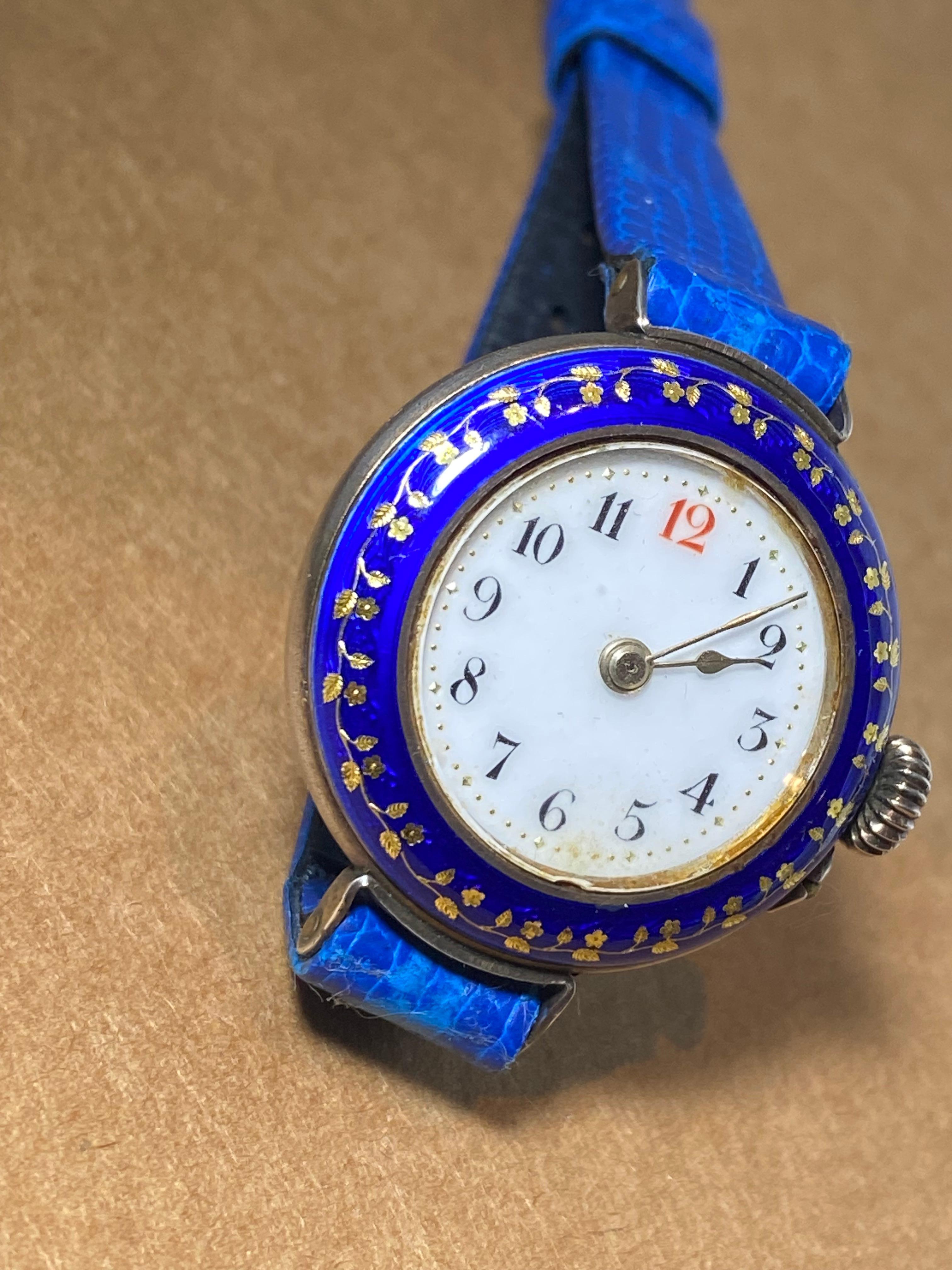 Antique Edwardian European Silver & Blue Enamel 28mm Ladies' Wristwatch 4