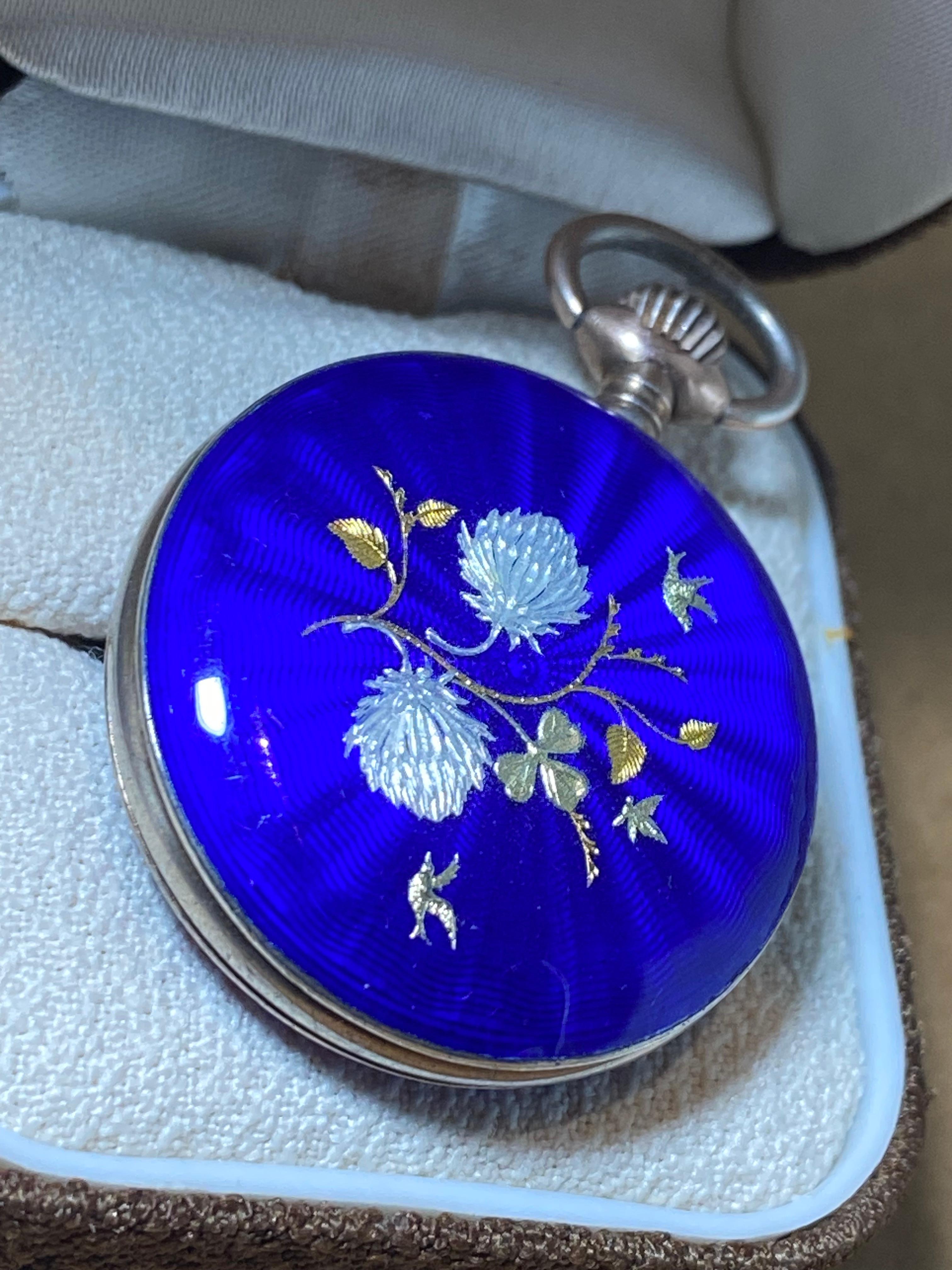 Antike edwardianische 28 mm-Taschenuhr aus europäischem Silber und Emaille mit offenem Zifferblatt Damen