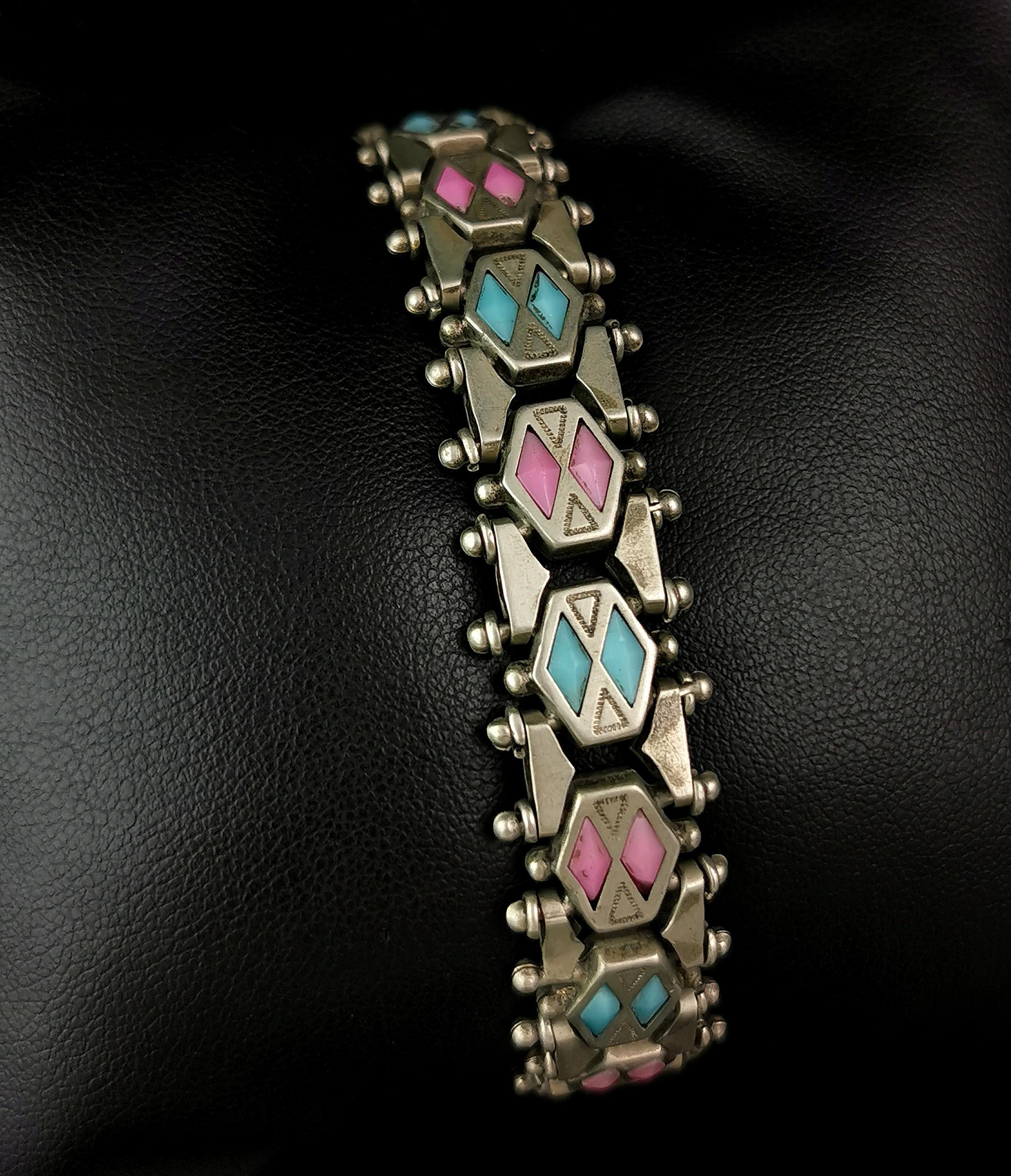 Antique Edwardian fancy link bracelet, Pink and Blue paste  For Sale 6