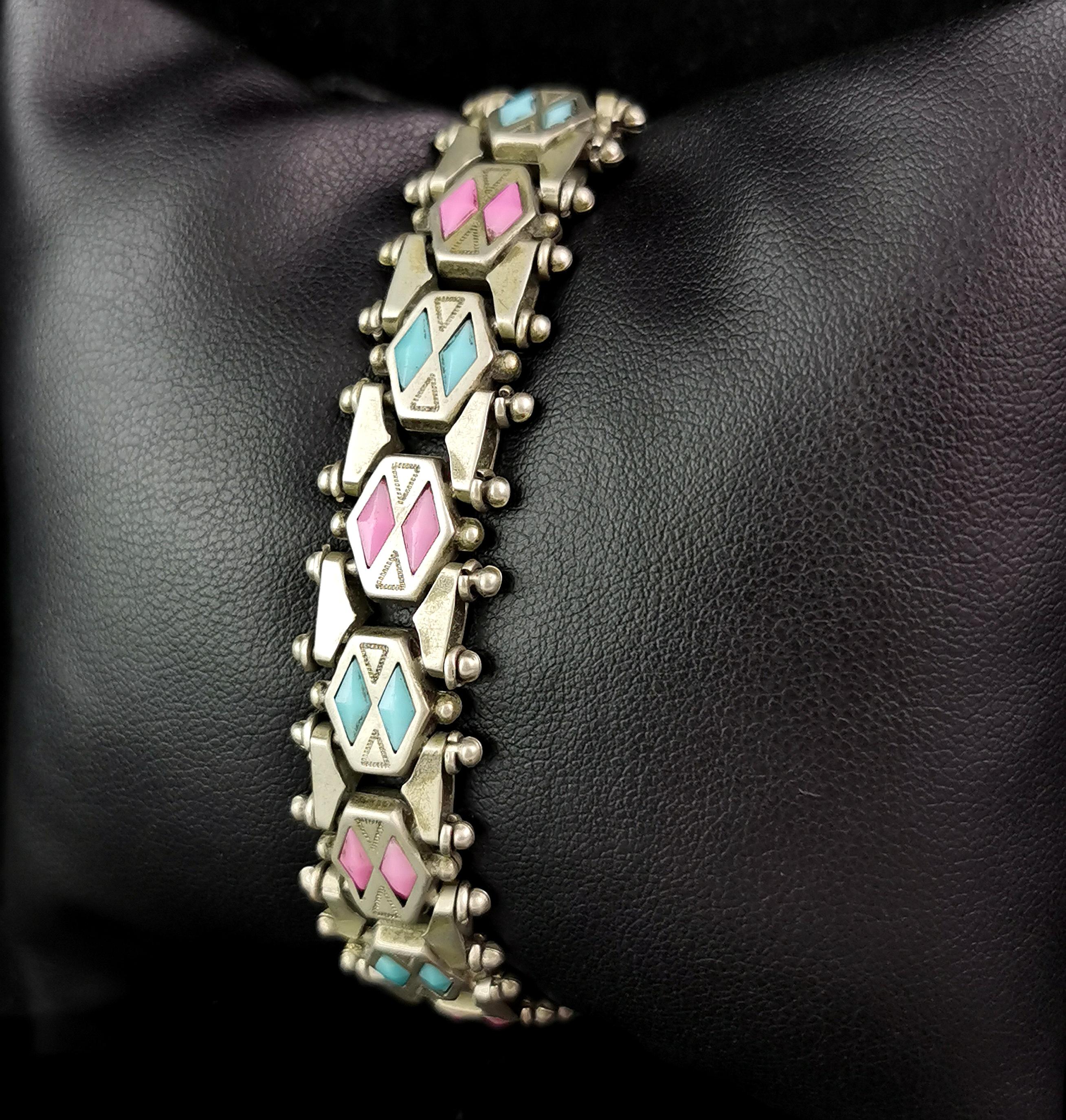 Antique Edwardian fancy link bracelet, Pink and Blue paste  For Sale 7