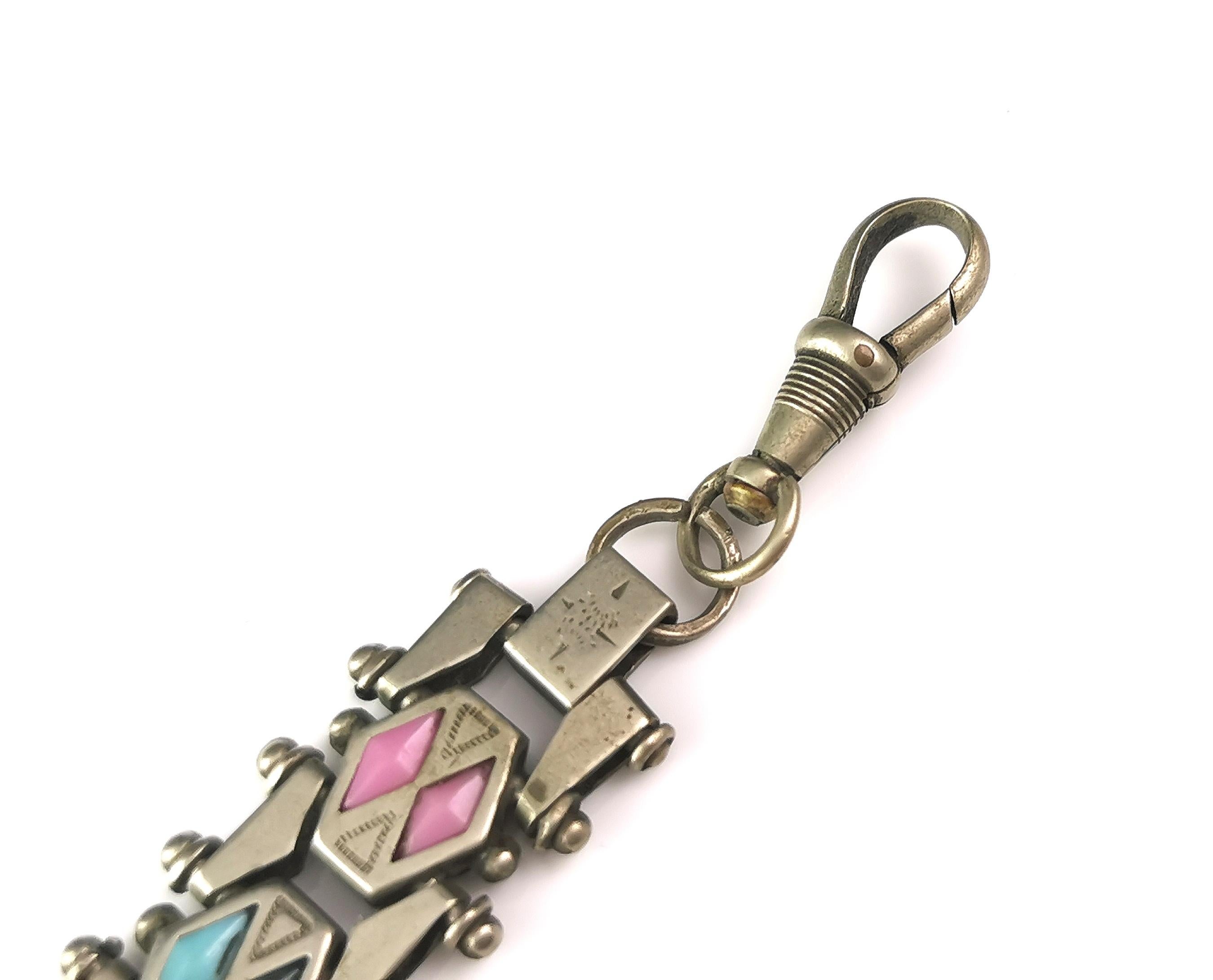 Antique Edwardian fancy link bracelet, Pink and Blue paste  In Good Condition For Sale In NEWARK, GB