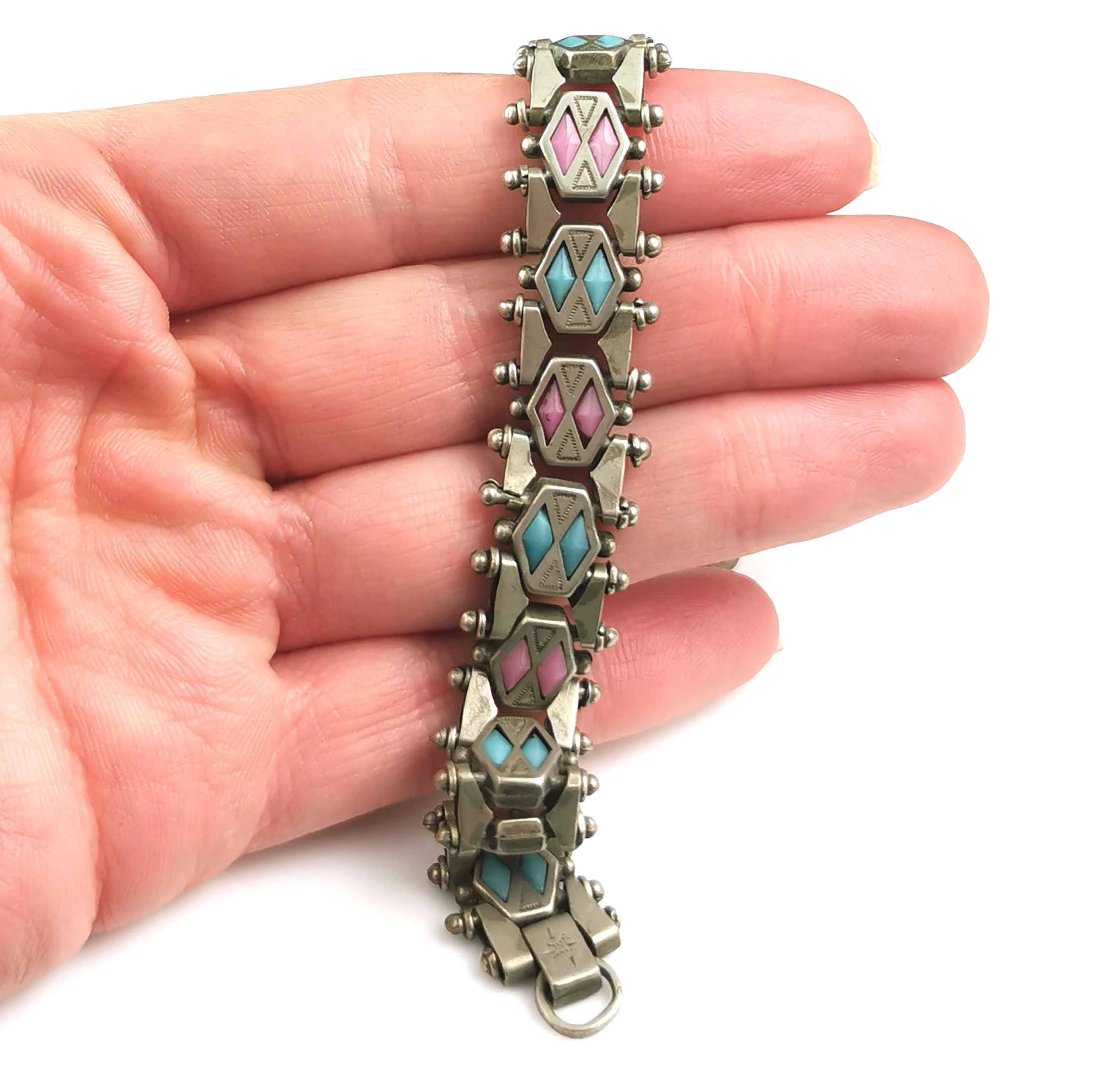 Women's Antique Edwardian fancy link bracelet, Pink and Blue paste  For Sale