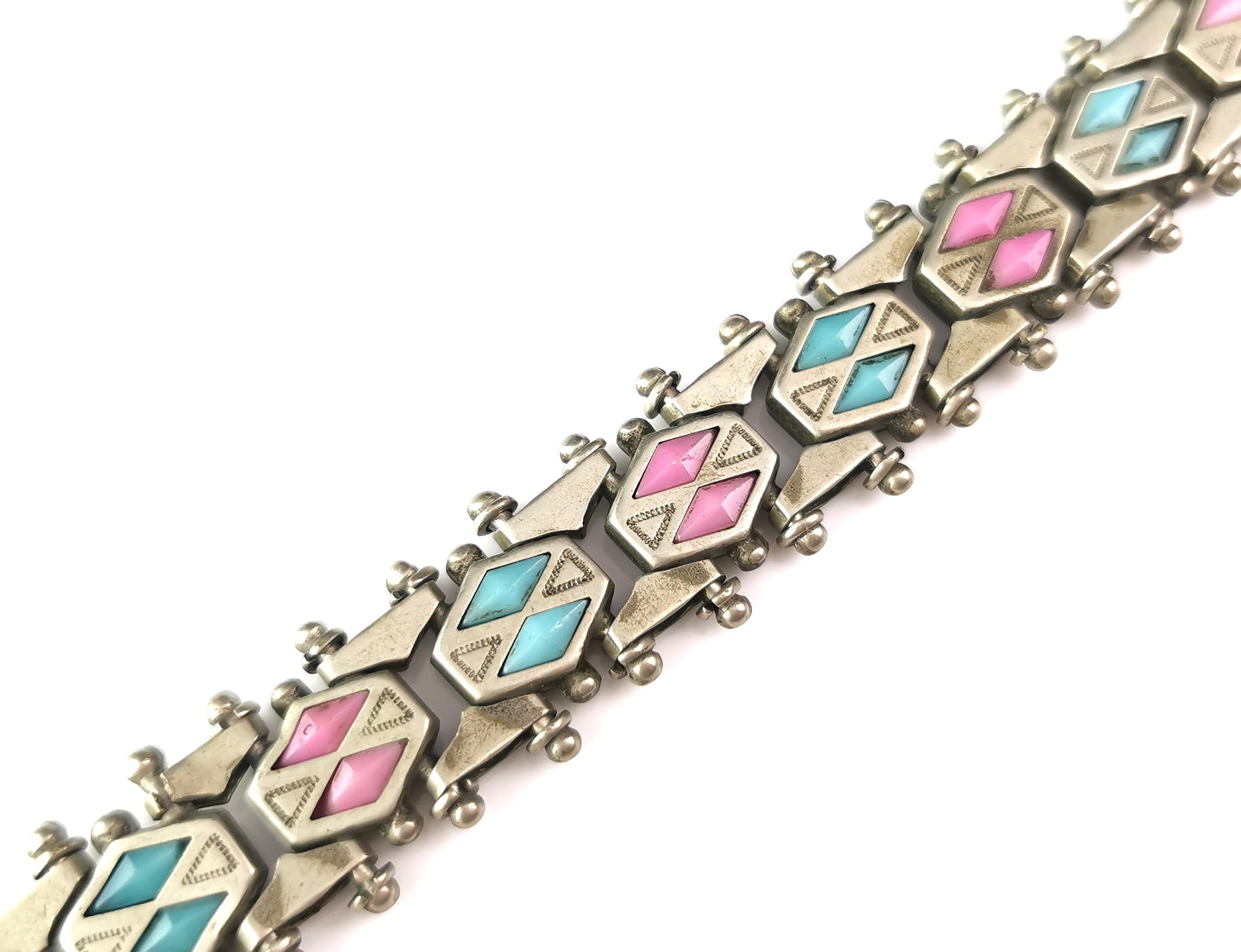 Antique Edwardian fancy link bracelet, Pink and Blue paste  For Sale 1