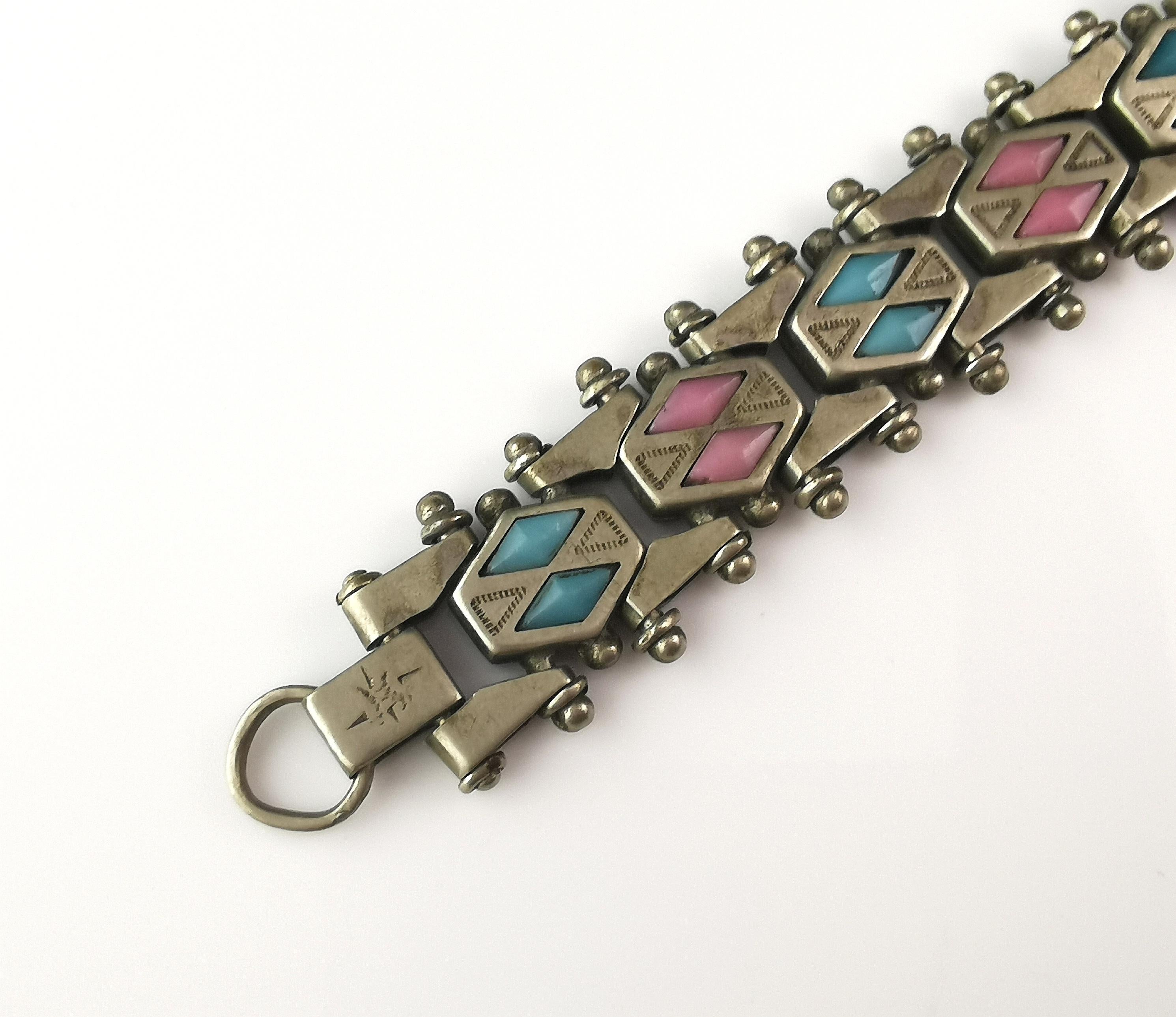 Antique Edwardian fancy link bracelet, Pink and Blue paste  For Sale 2
