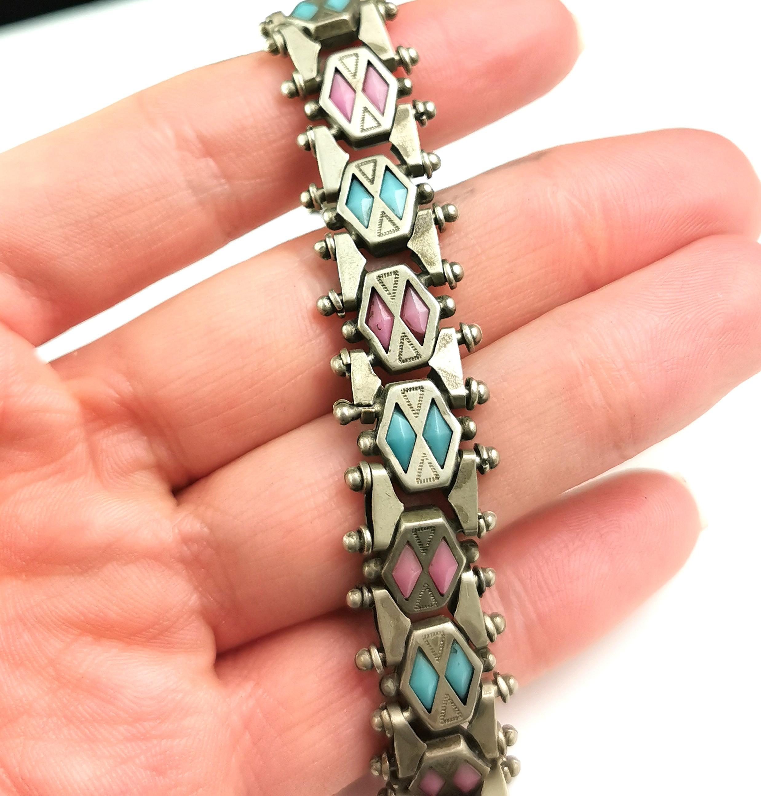 Antique Edwardian fancy link bracelet, Pink and Blue paste  For Sale 3