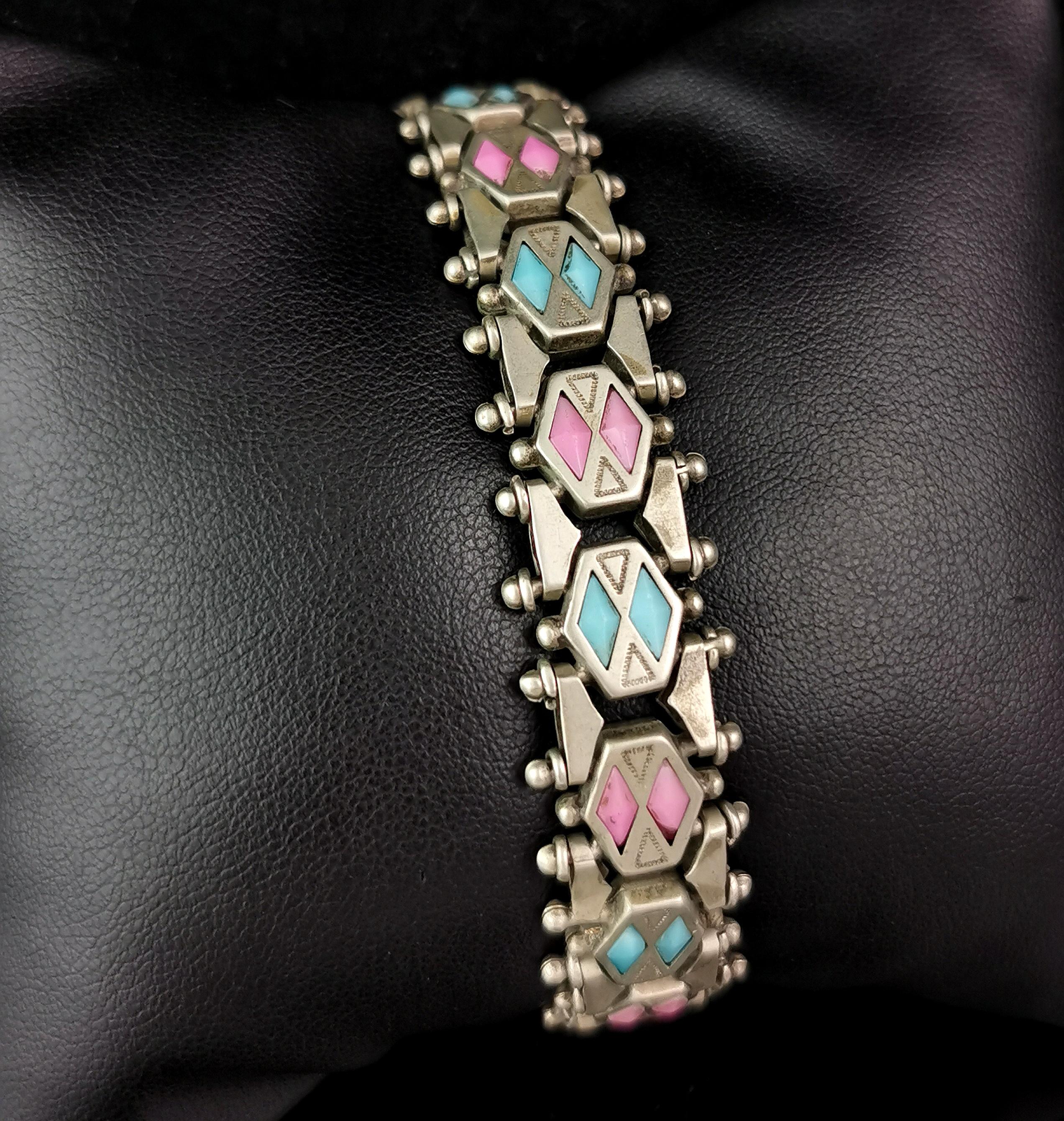 Antique Edwardian fancy link bracelet, Pink and Blue paste  For Sale 4