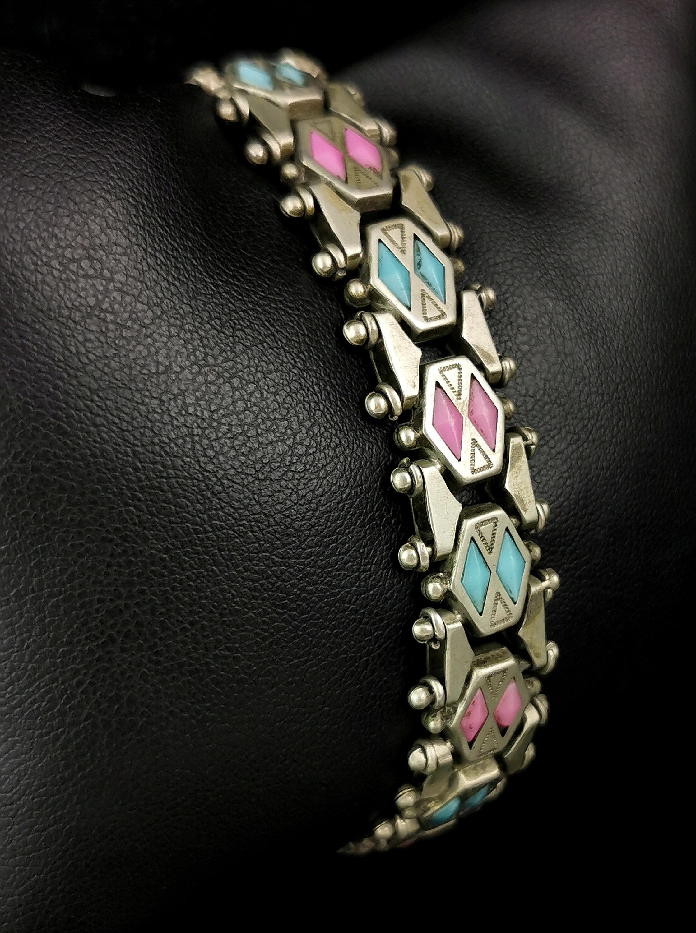 Antique Edwardian fancy link bracelet, Pink and Blue paste  For Sale 5