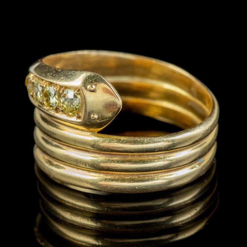 Old European Cut Antique Edwardian Fancy Yellow Diamond Snake Ring, Dated 1918 For Sale