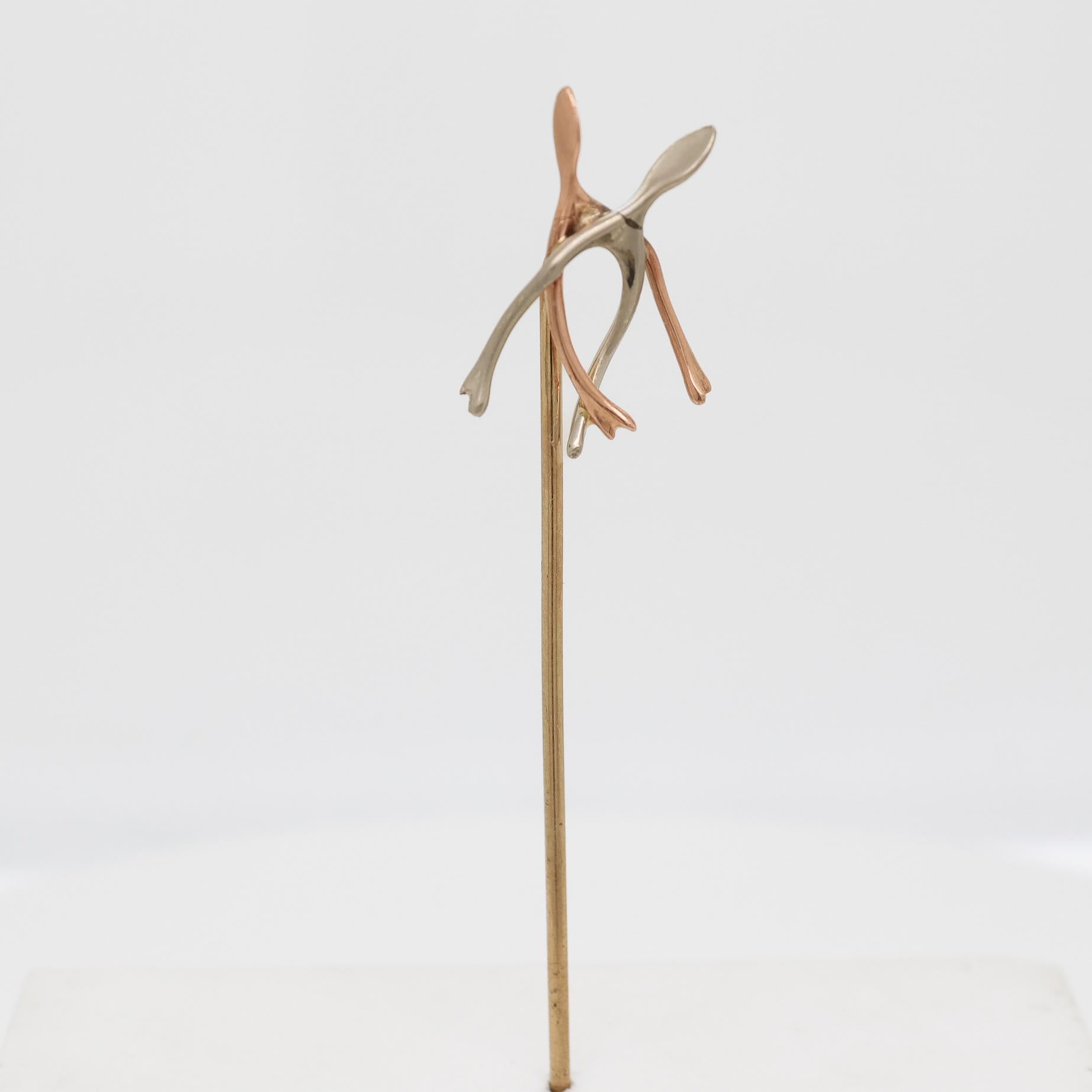 Antique Edwardian Figural Platinum & 14k Gold Wishbones Stickpin For Sale 1