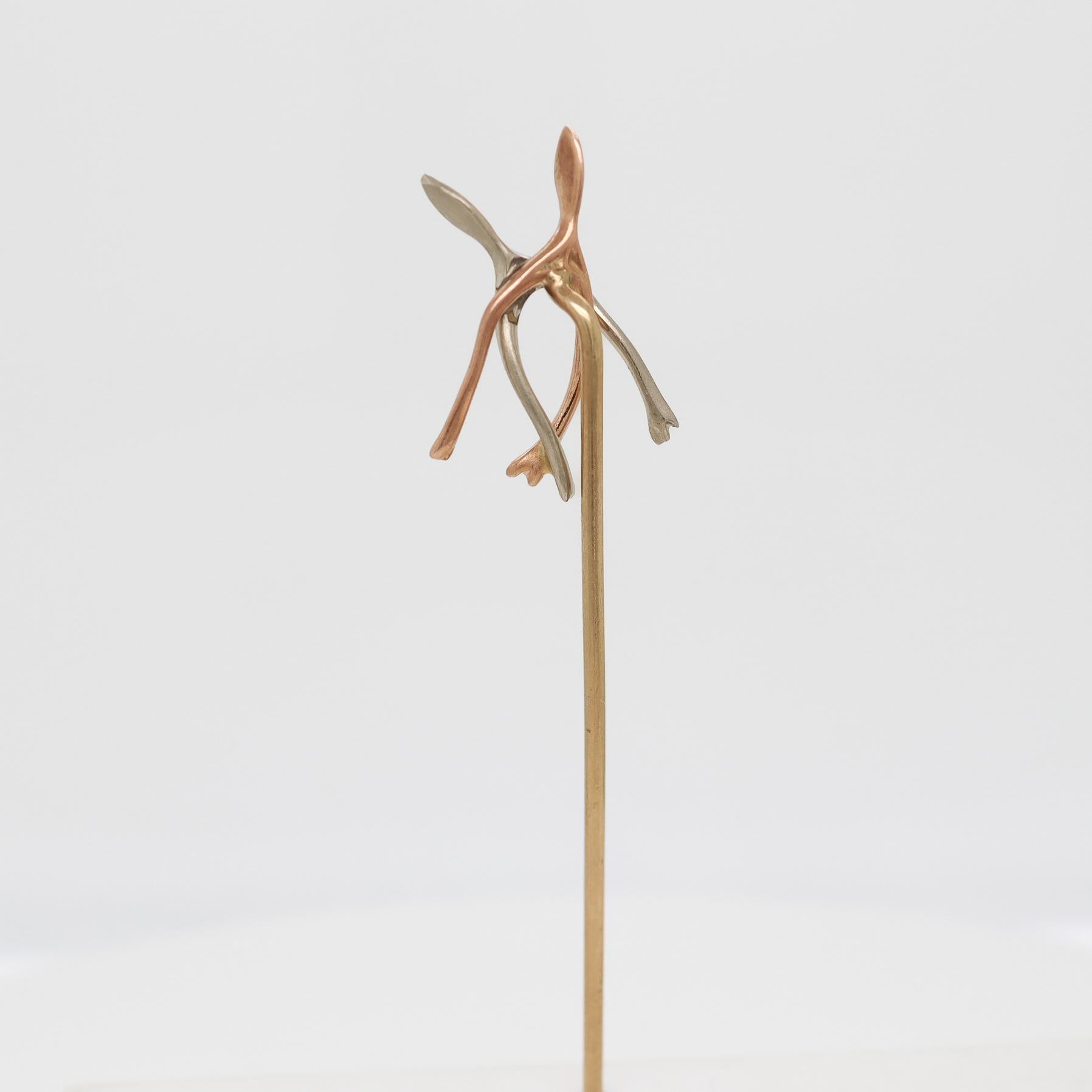 Antique Edwardian Figural Platinum & 14k Gold Wishbones Stickpin For Sale 3