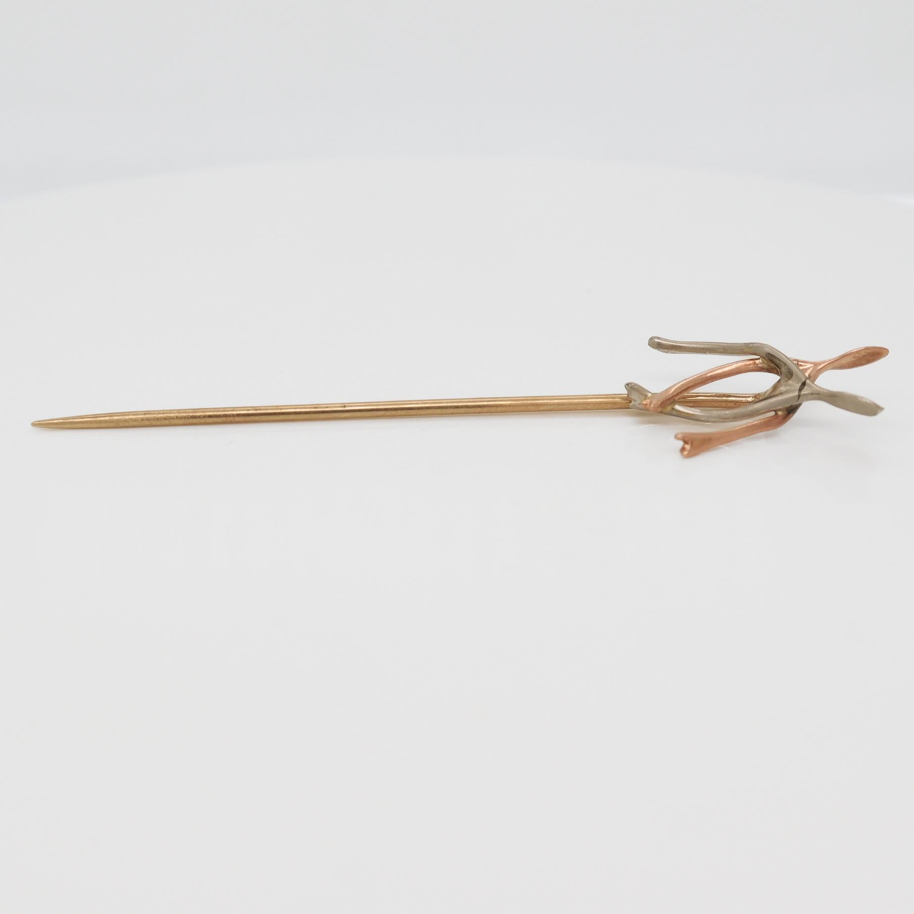 Antique Edwardian Figural Platinum & 14k Gold Wishbones Stickpin For Sale 5