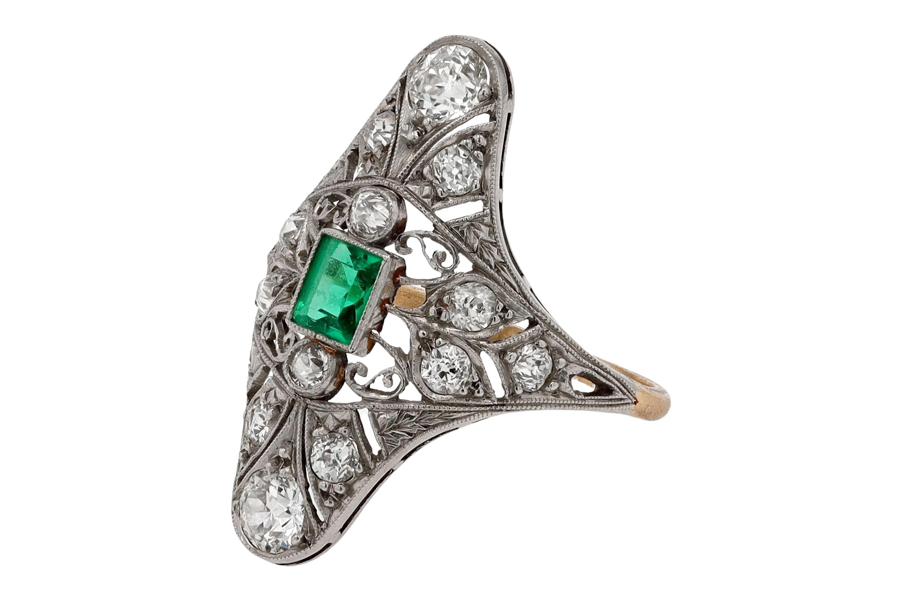 Women's Antique Edwardian Filigree Emerald and Diamond Dinner Ring