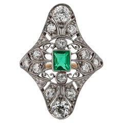 Antique Edwardian Filigree Emerald and Diamond Dinner Ring