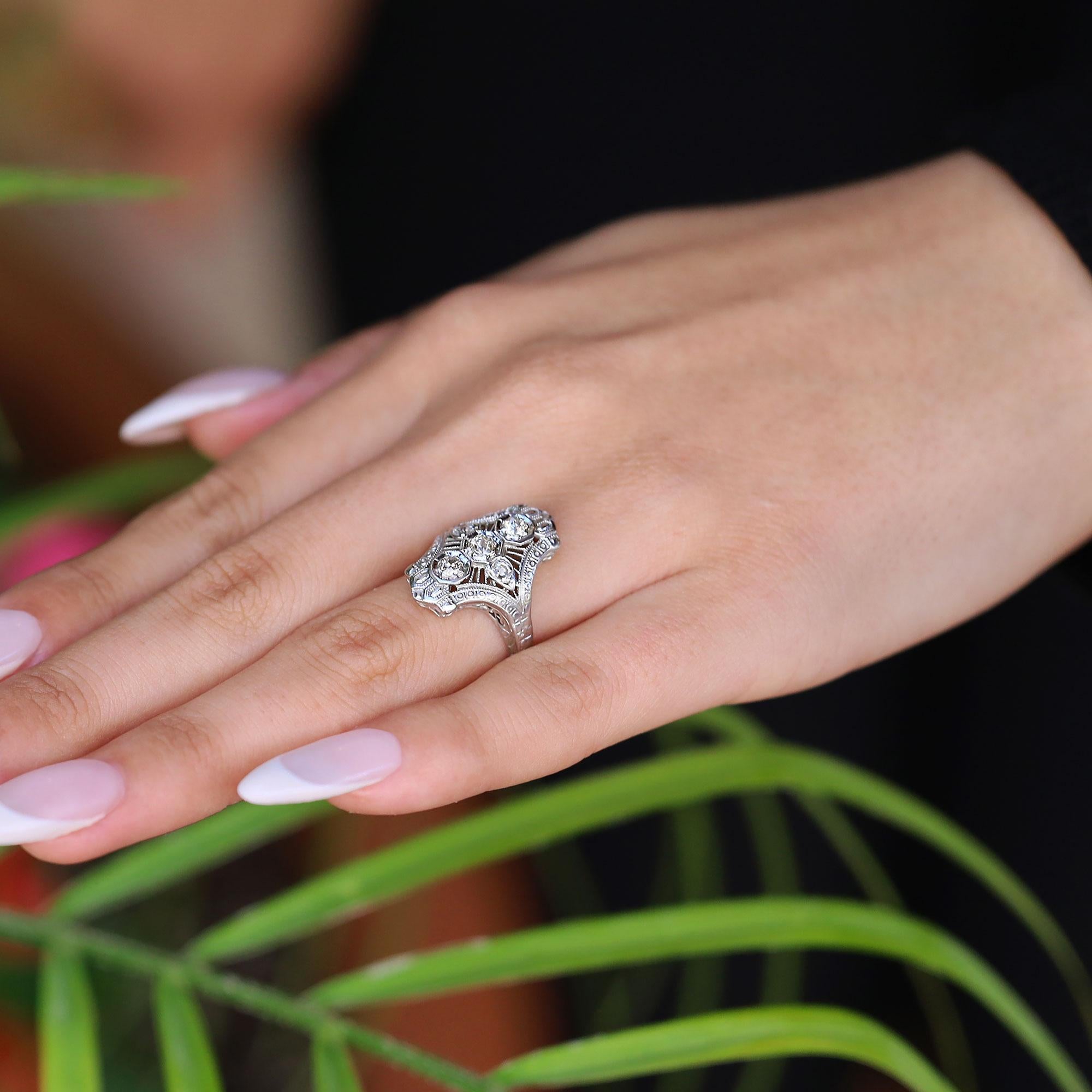 Women's Antique Edwardian Filigree Old Mine Cut Diamond Engagement Ring