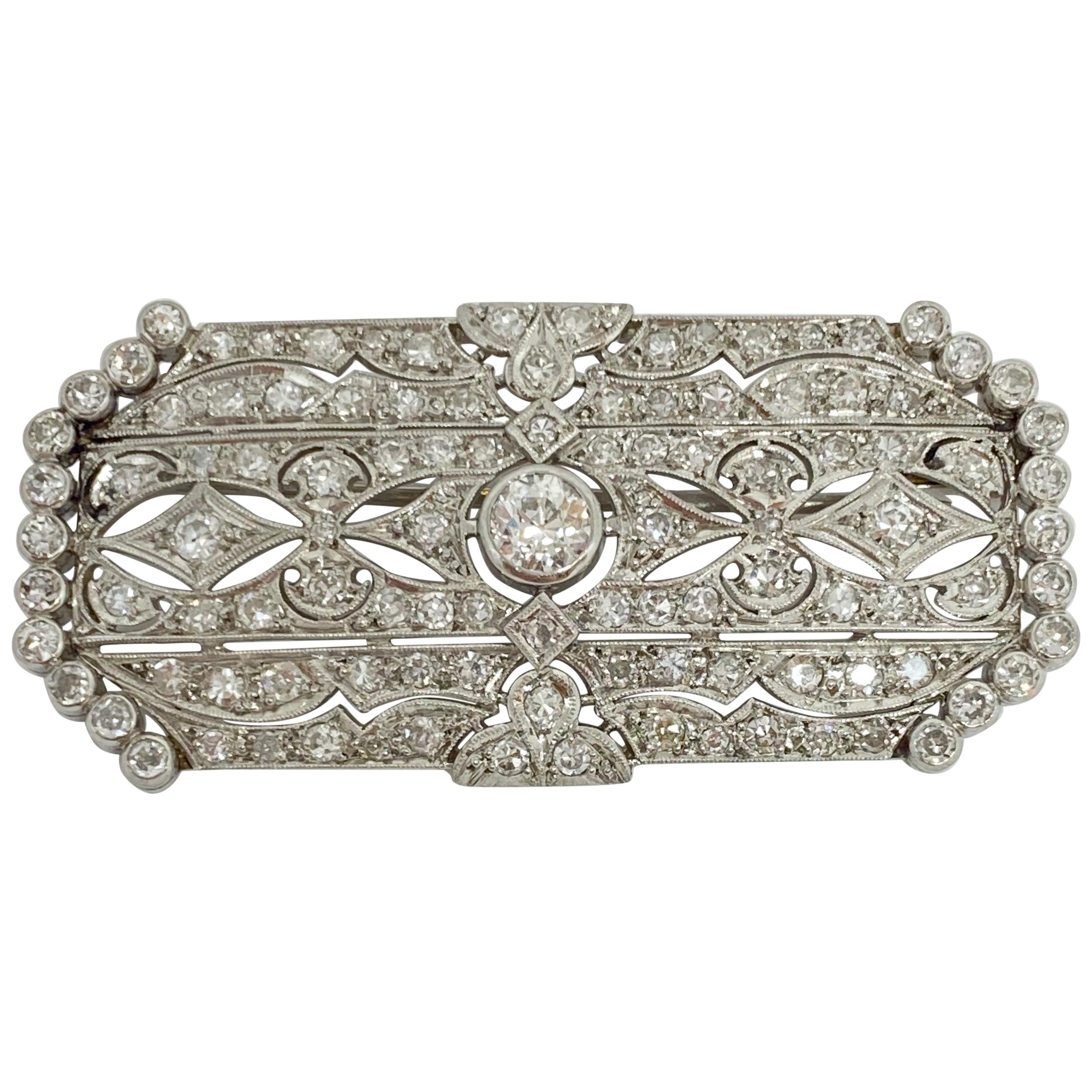 Antique Edwardian Filigree Platinum Diamond Brooch 3.70 Carat