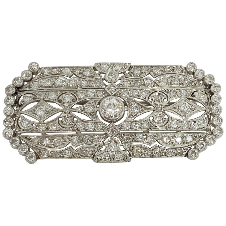 Antique Edwardian Filigree Platinum Diamond Brooch 3.70 Carat For Sale