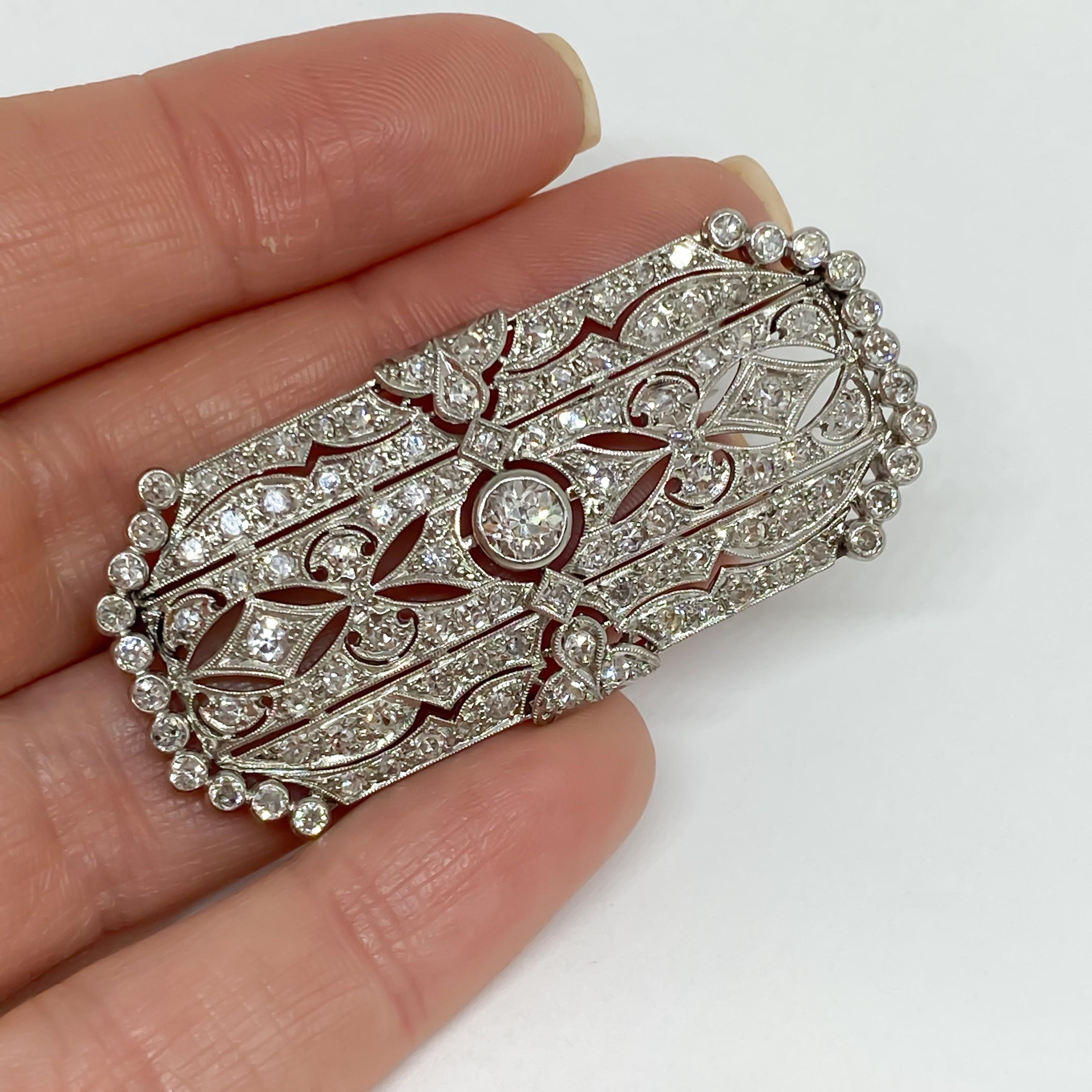 Old European Cut Antique Edwardian Filigree Platinum Diamond Brooch 3.70 Carat For Sale