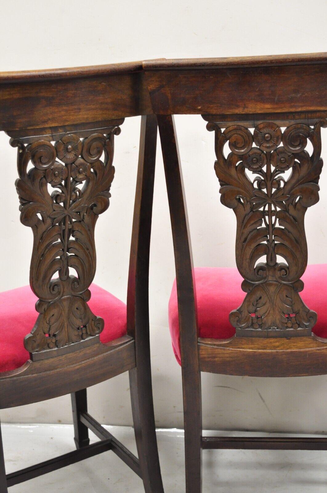 Antique Edwardian Floral Carved Mahogany Red Mohair Dining Chairs - Set of 4 For Sale 6