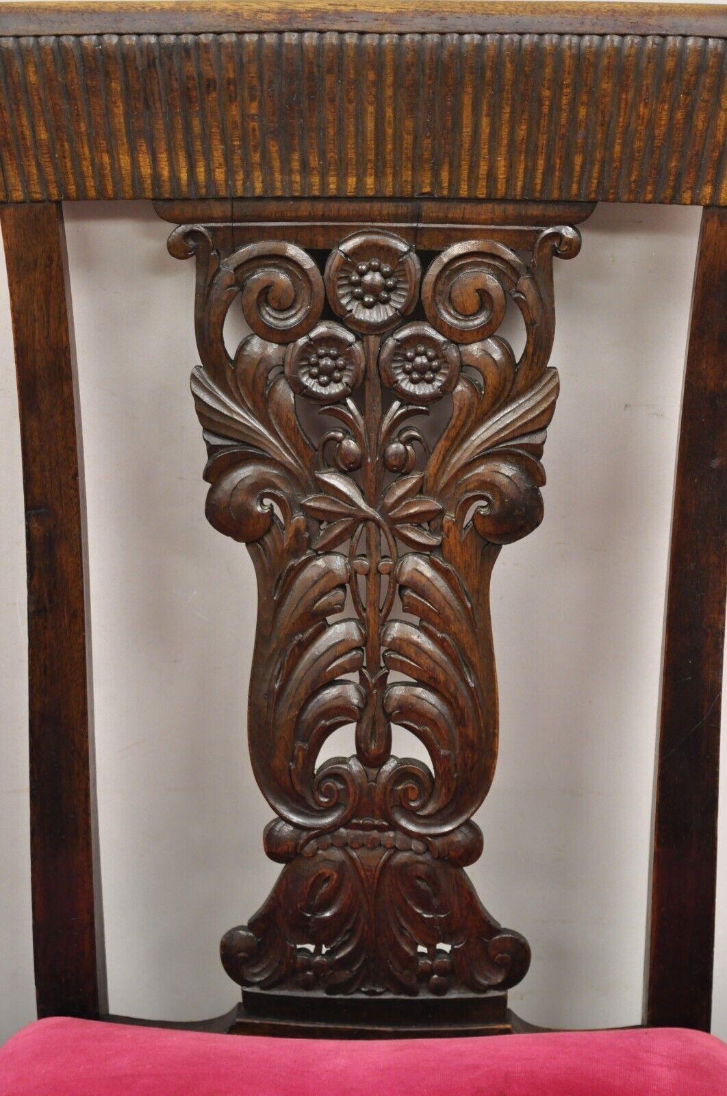 Early 20th Century Antique Edwardian Floral Carved Mahogany Red Mohair Dining Chairs - Set of 4 For Sale