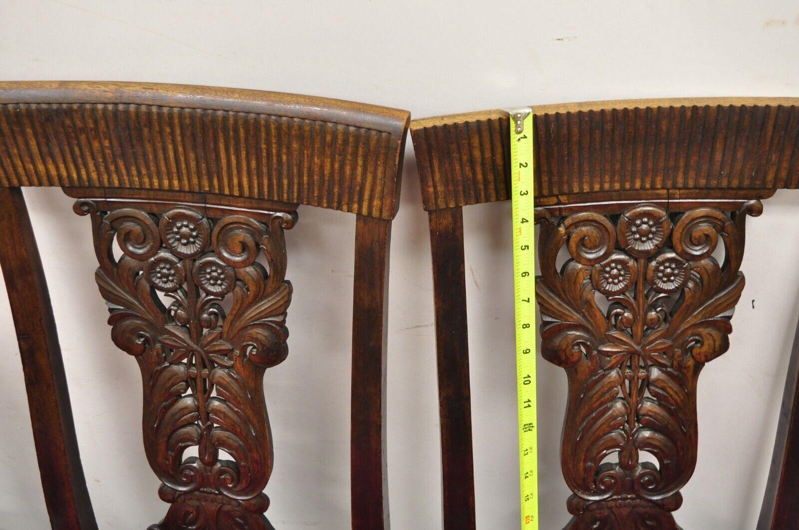 Antique Edwardian Floral Carved Mahogany Red Mohair Dining Chairs - Set of 4 For Sale 1