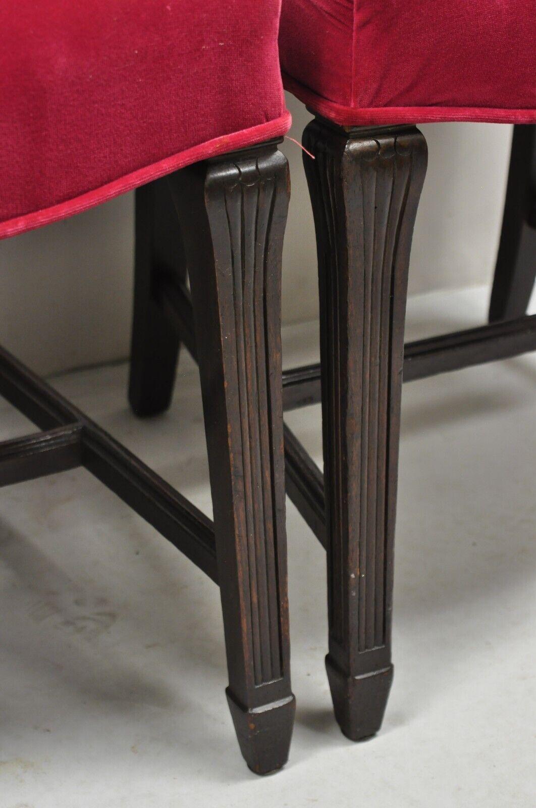 Antique Edwardian Floral Carved Mahogany Red Mohair Dining Chairs - Set of 4 For Sale 4