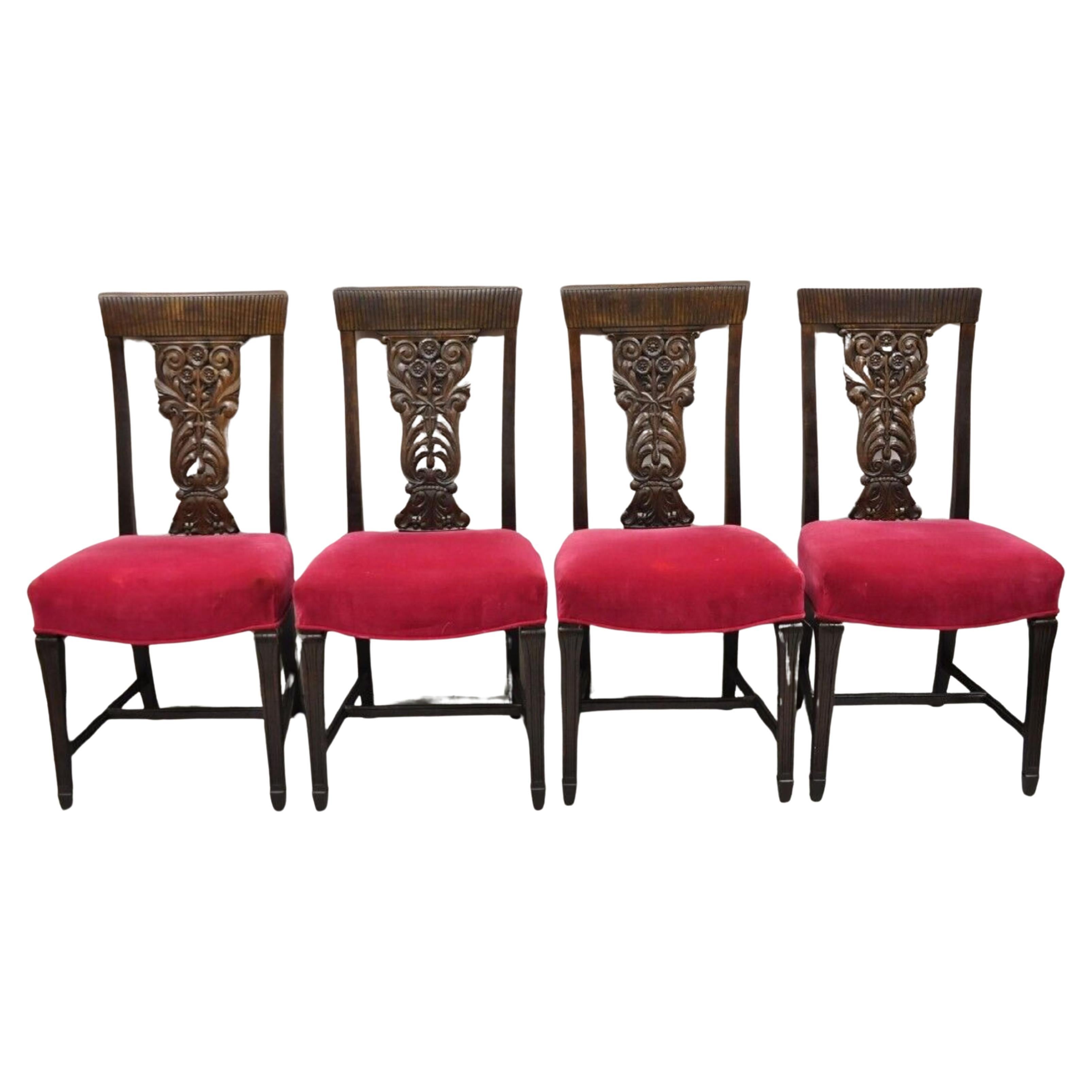 Antique Edwardian Floral Carved Mahogany Red Mohair Dining Chairs - Set of 4 For Sale