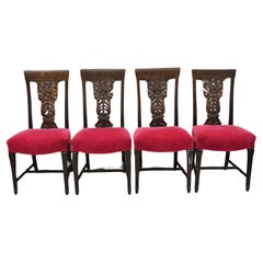 Used Edwardian Floral Carved Mahogany Red Mohair Dining Chairs - Set of 4