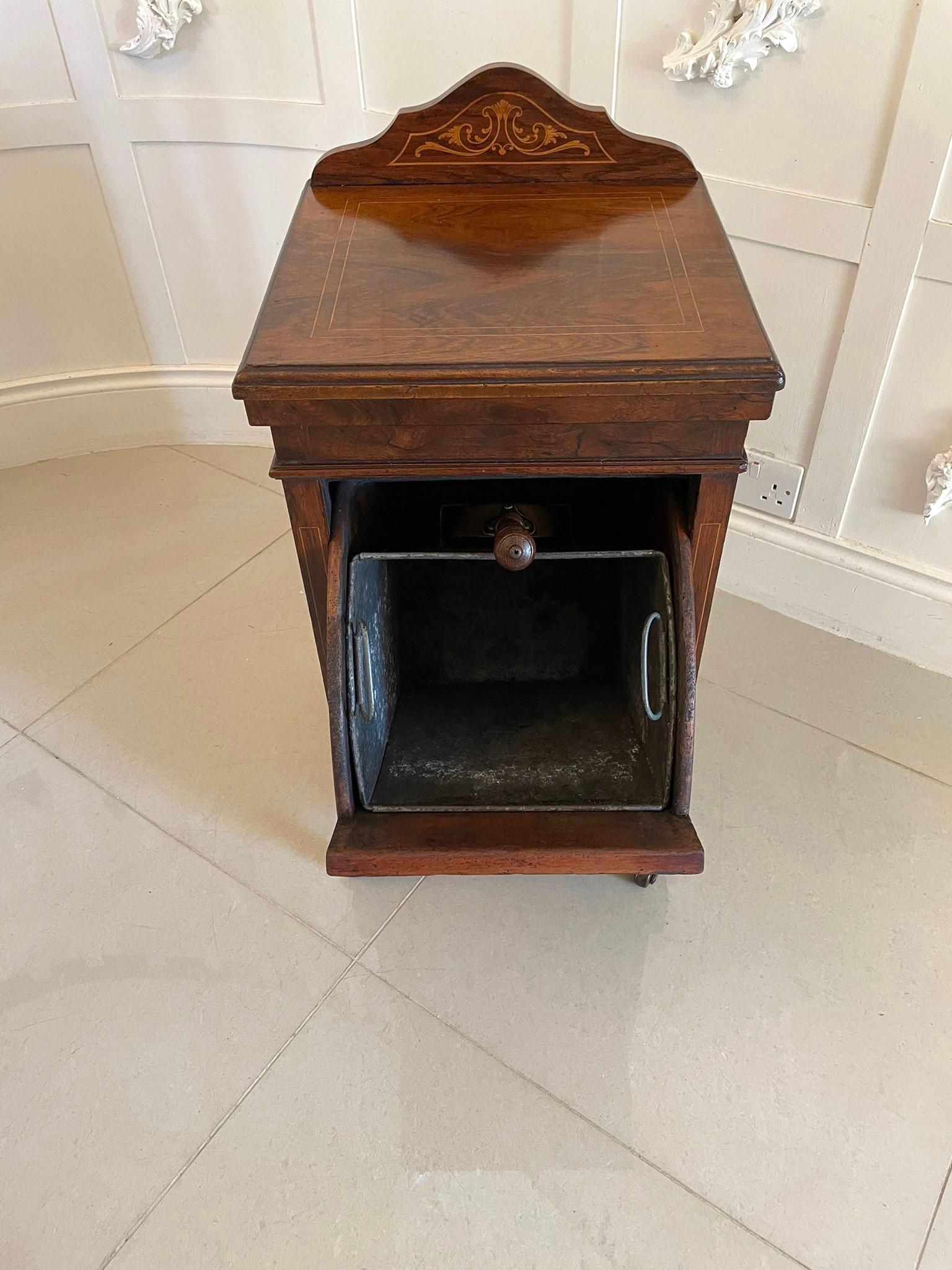 Antique Edwardian freestanding quality rosewood inlaid coal cabinet having a quality shaped inlaid gallery back, pretty rosewood inlaid top with a moulded edge above a pull down front with a superb inlaid panel and original brass handle opening to