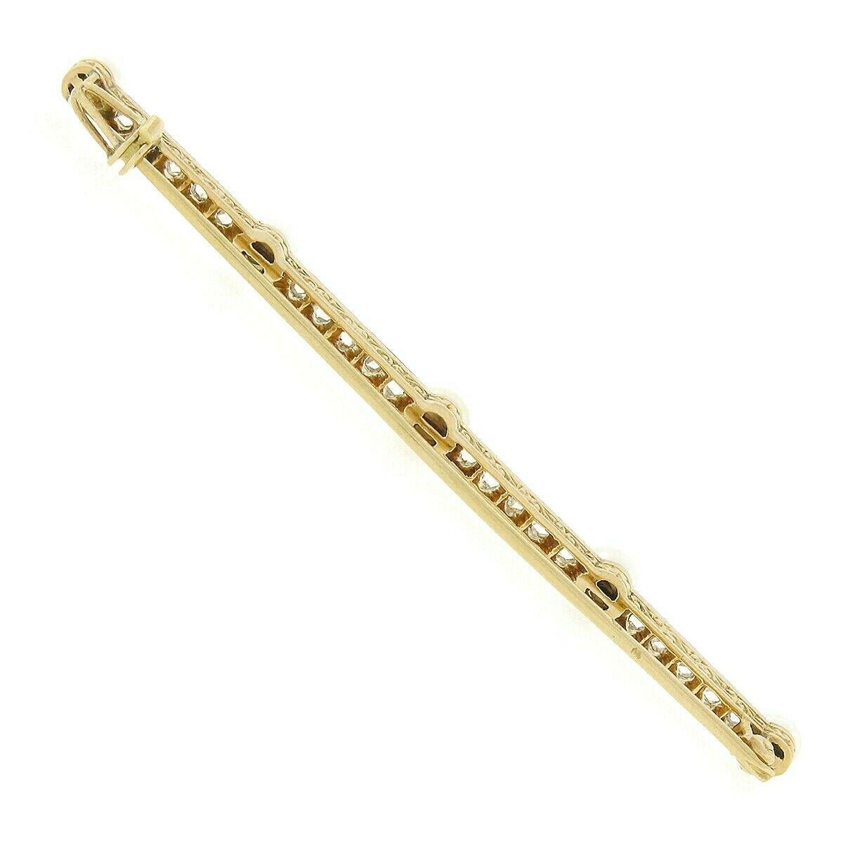 Rose Cut Antique Edwardian French 18k Gold & Platinum 0.80ct Diamond Pearl Bar Pin Brooch For Sale
