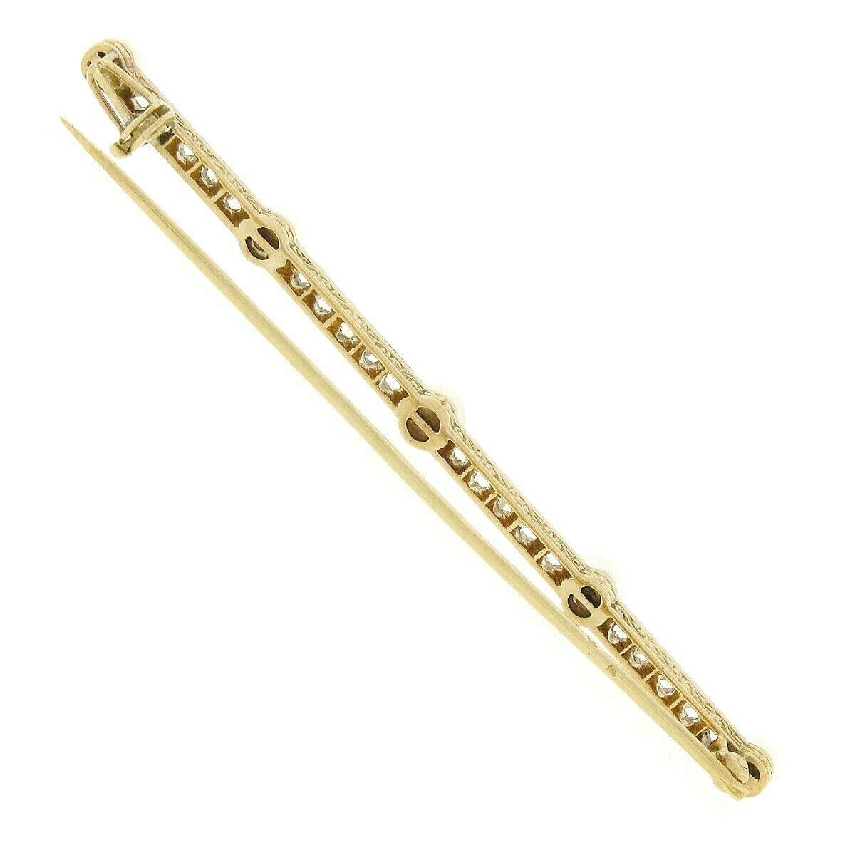 Antique Edwardian French 18k Gold & Platinum 0.80ct Diamond Pearl Bar Pin Brooch In Good Condition For Sale In Montclair, NJ