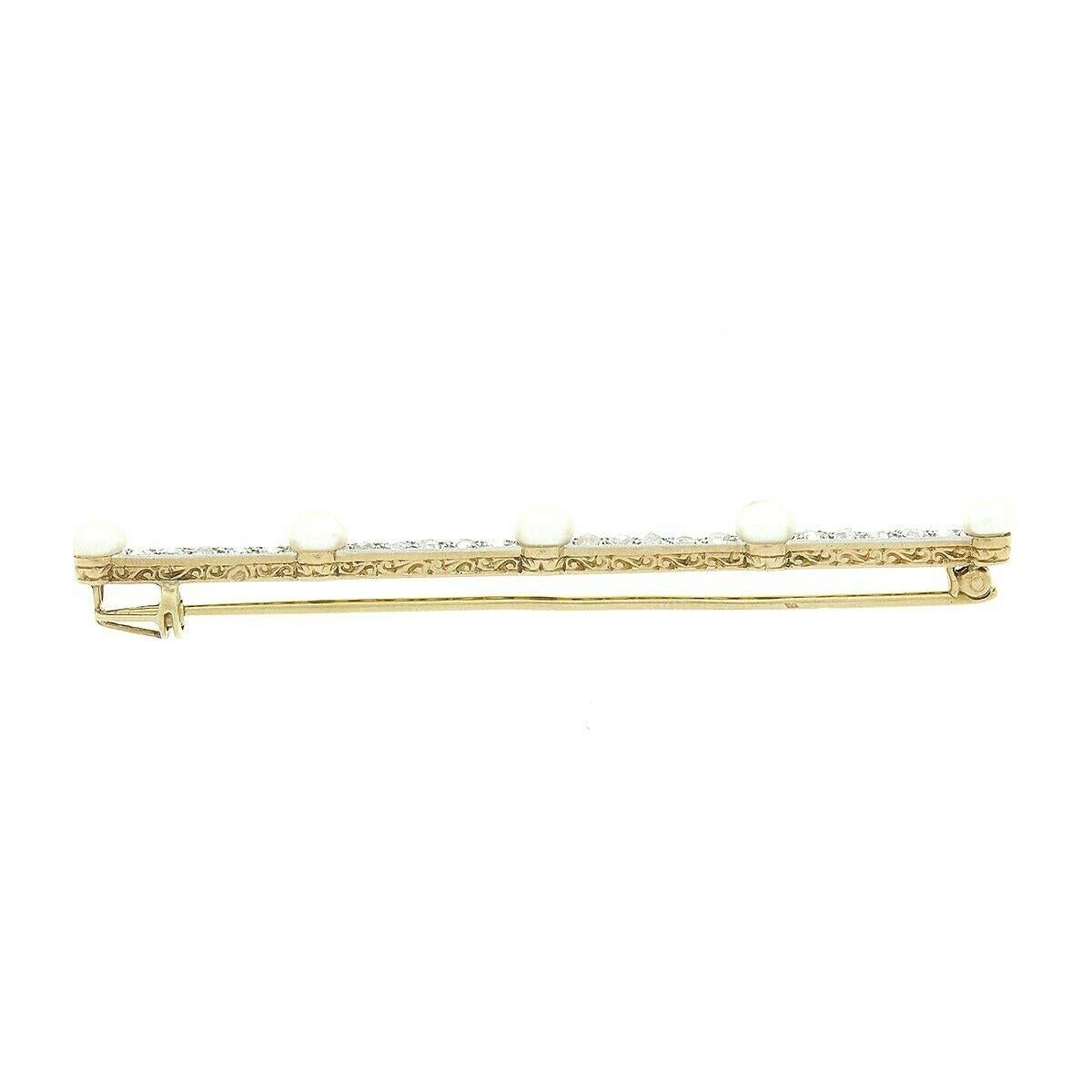 Women's or Men's Antique Edwardian French 18k Gold & Platinum 0.80ct Diamond Pearl Bar Pin Brooch For Sale