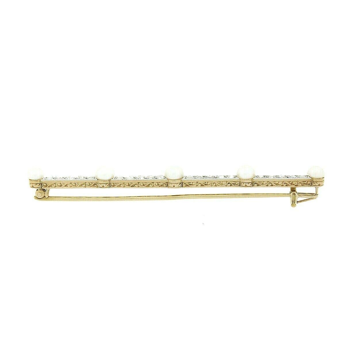 Antique Edwardian French 18k Gold & Platinum 0.80ct Diamond Pearl Bar Pin Brooch For Sale 1