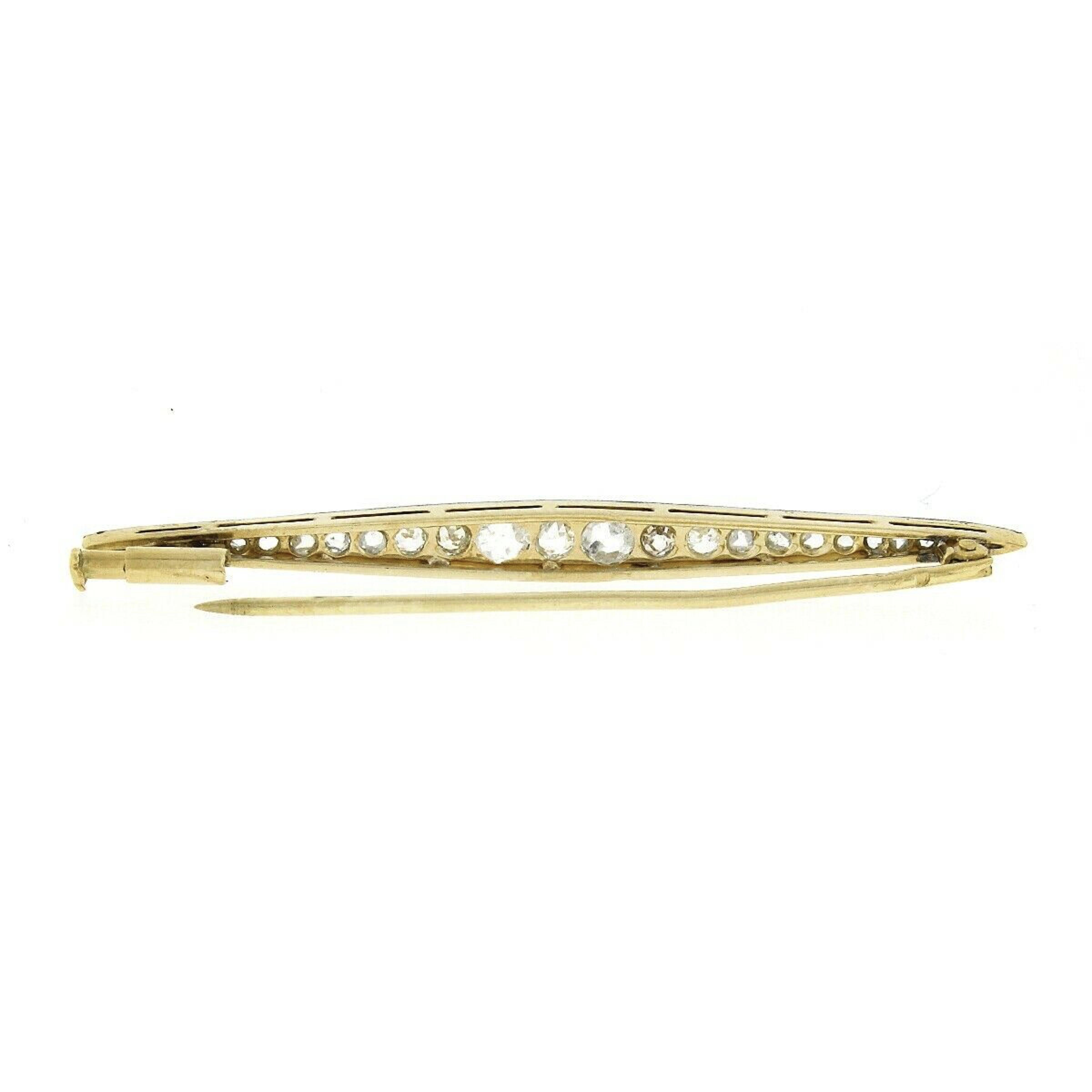 Old European Cut Antique Edwardian French 18k Gold & Platinum Graduating Diamond Bar Pin Brooch For Sale