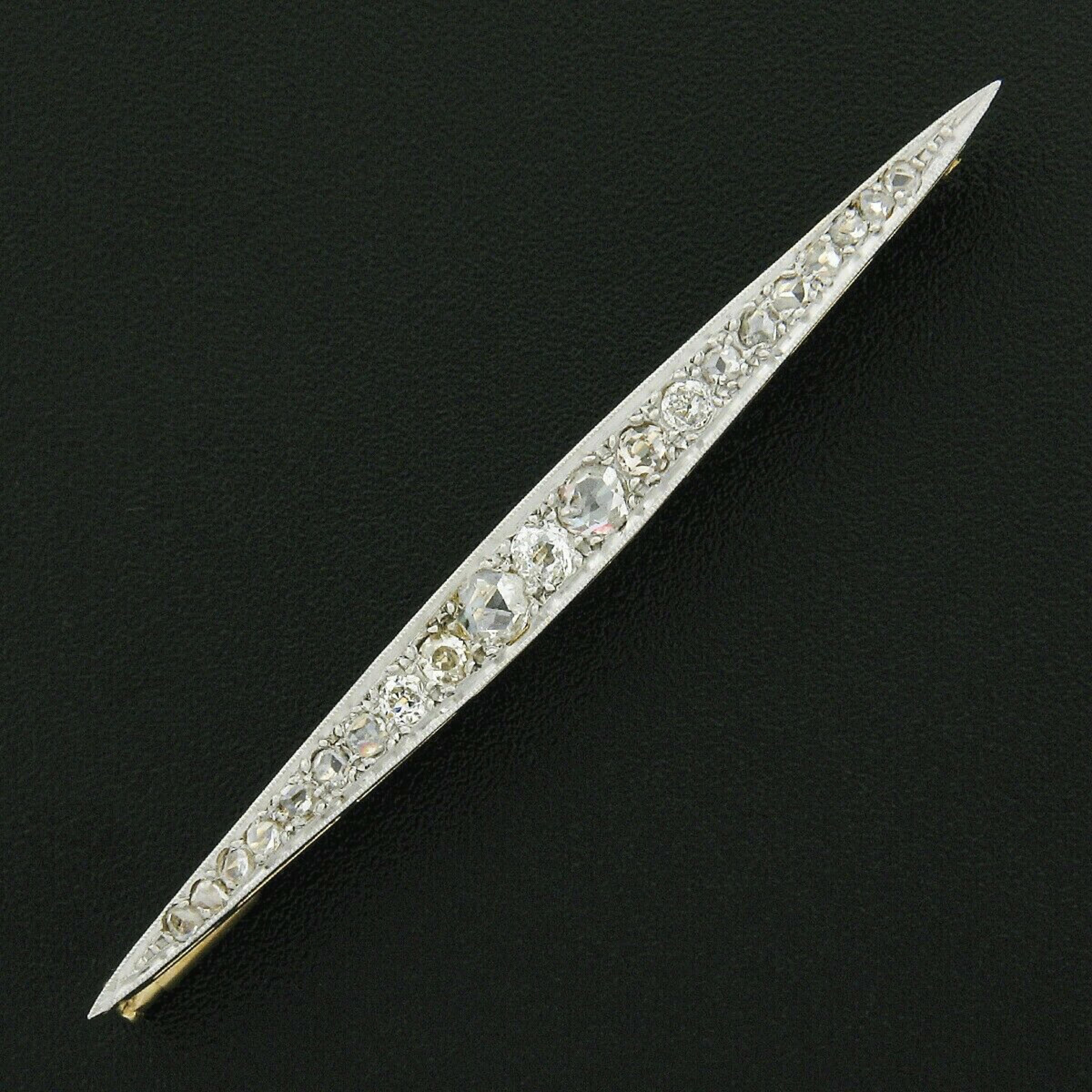 Antique Edwardian French 18k Gold & Platinum Graduating Diamond Bar Pin Brooch For Sale 1