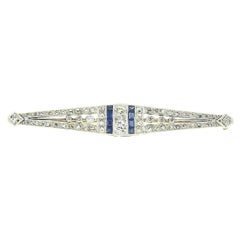 Antique Edwardian French 18k Gold & Platinum Top Diamond Sapphire Bar Pin Brooch
