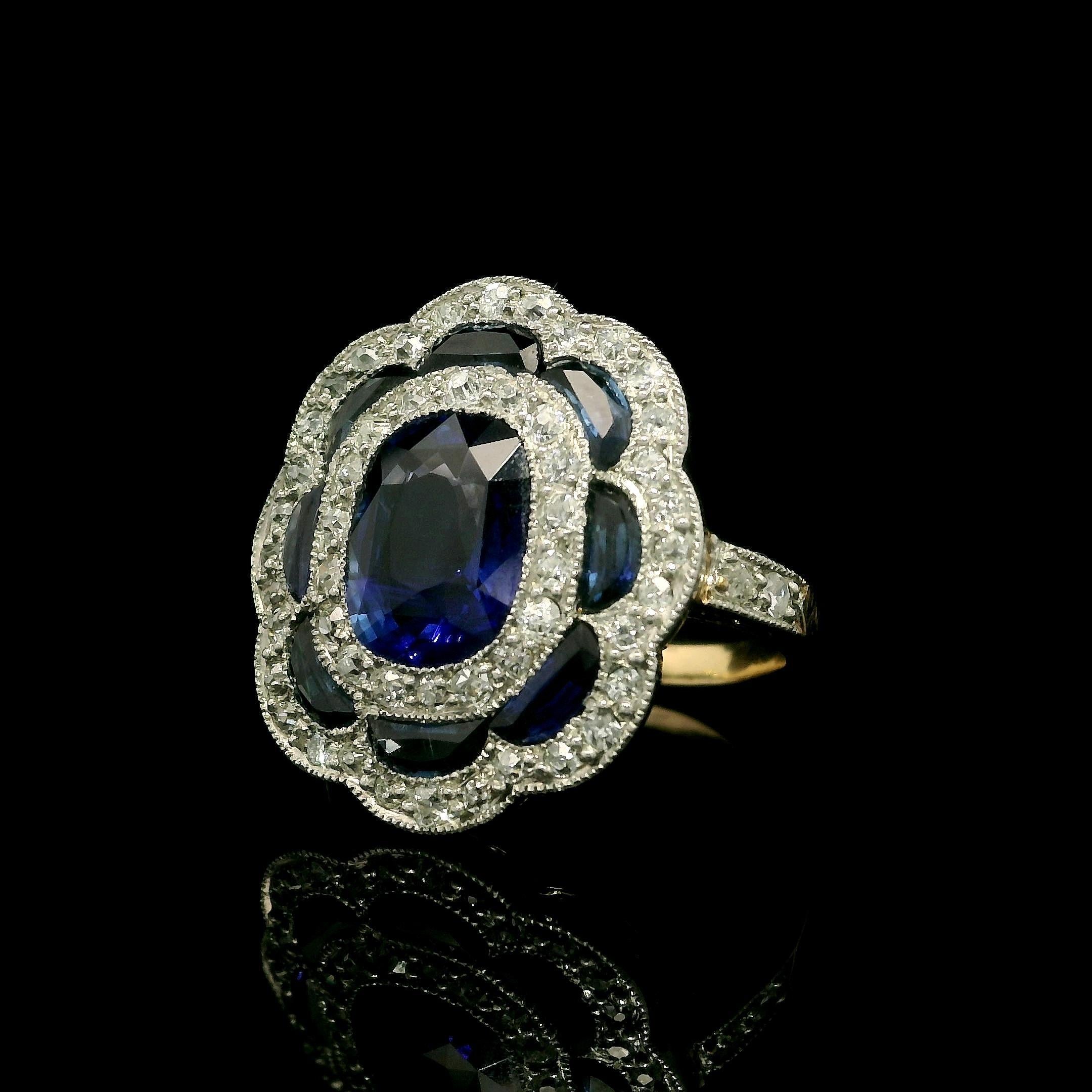 Antique French Edwardian en or 18k avec platine GIA 3.40ct saphir et diamant en vente 4