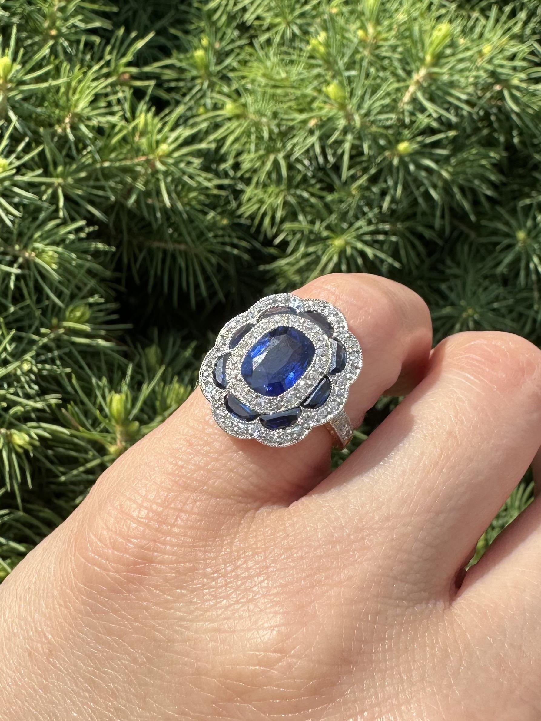 Antique French Edwardian en or 18k avec platine GIA 3.40ct saphir et diamant en vente 7