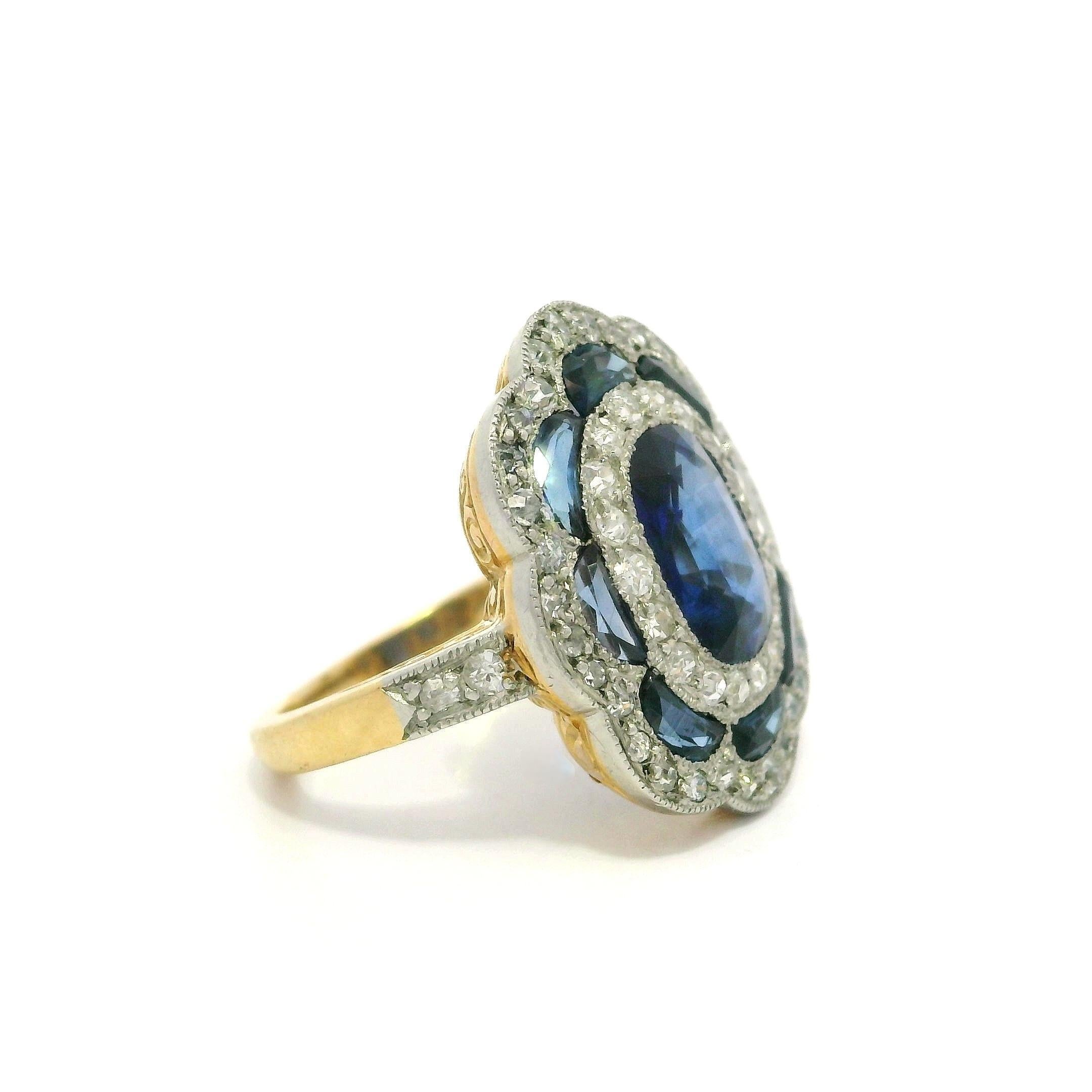 Édouardien Antique French Edwardian en or 18k avec platine GIA 3.40ct saphir et diamant en vente