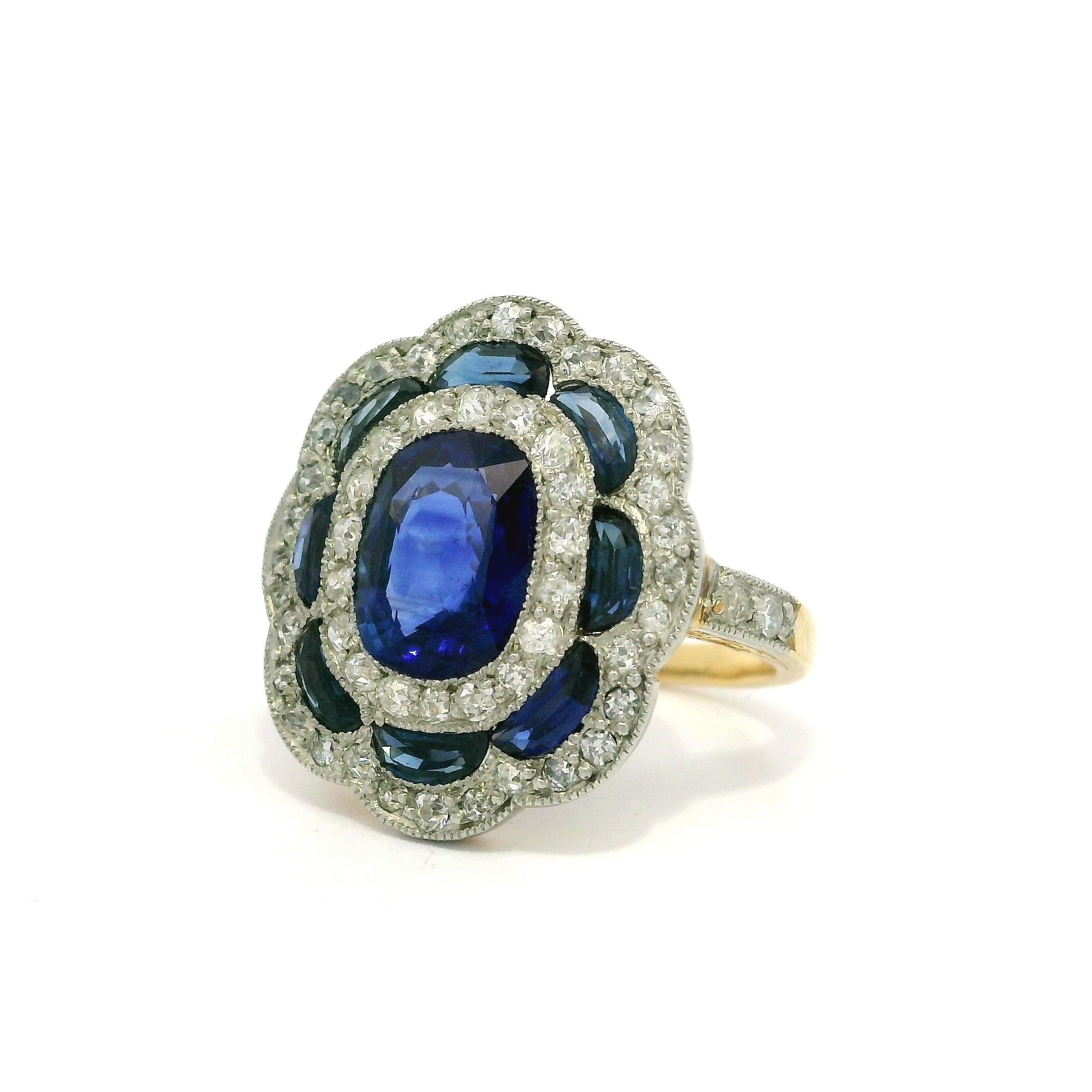 Antique French Edwardian en or 18k avec platine GIA 3.40ct saphir et diamant Pour femmes en vente