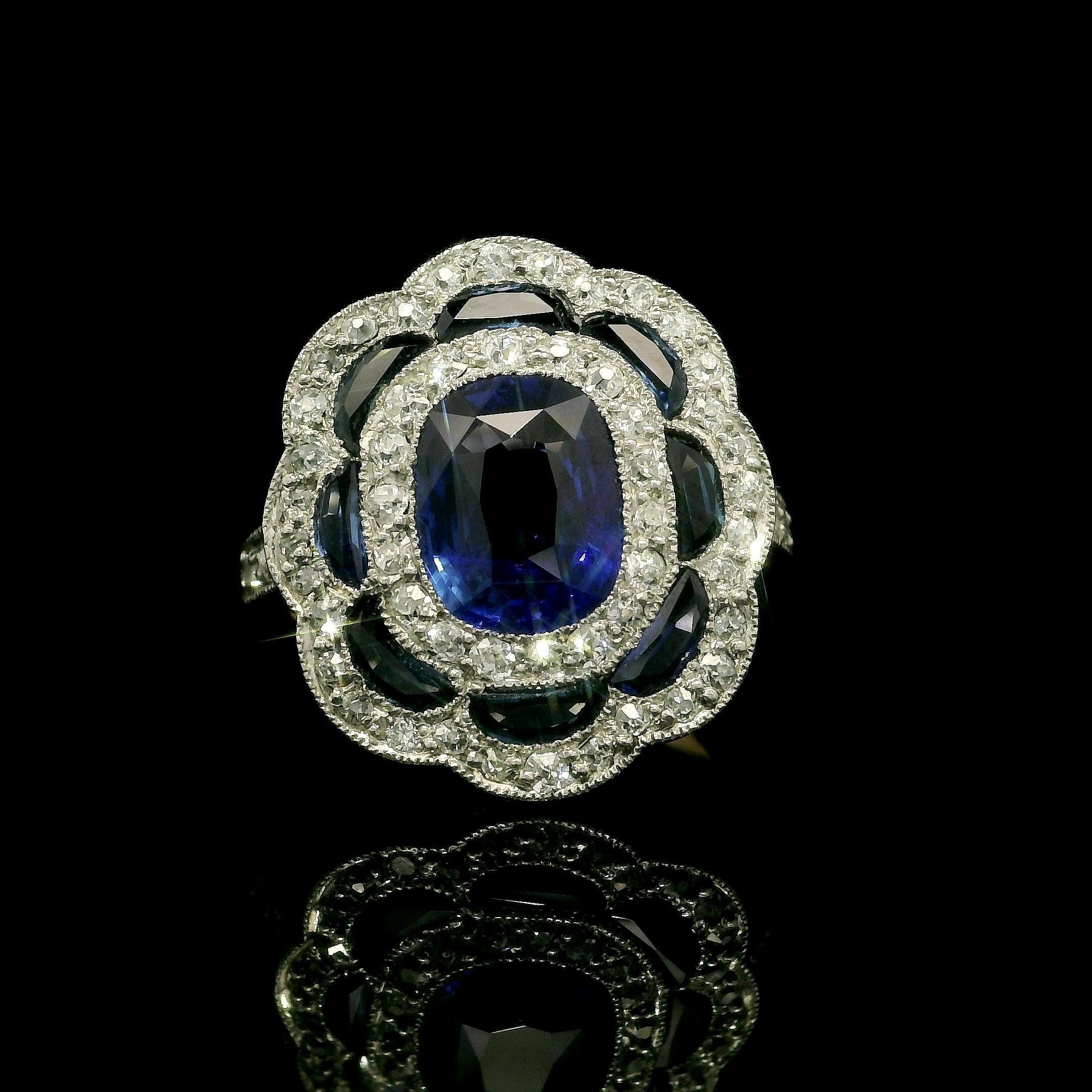 Antique French Edwardian en or 18k avec platine GIA 3.40ct saphir et diamant en vente 2