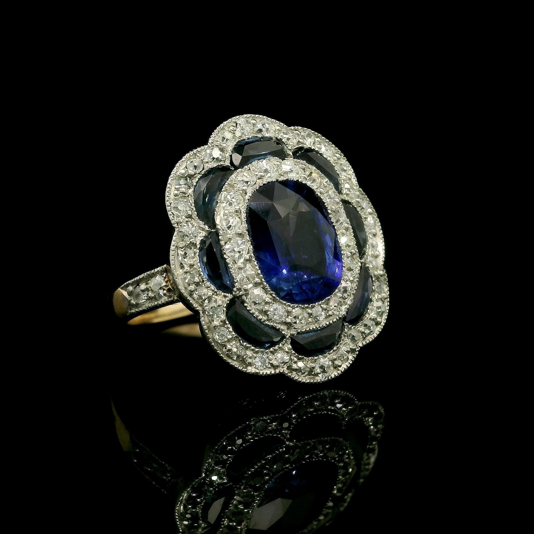 Antique French Edwardian en or 18k avec platine GIA 3.40ct saphir et diamant en vente 3