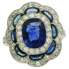 Antique Edwardian French 18k Gold w/ Platinum GIA 3.40ct Sapphire & Diamond Ring