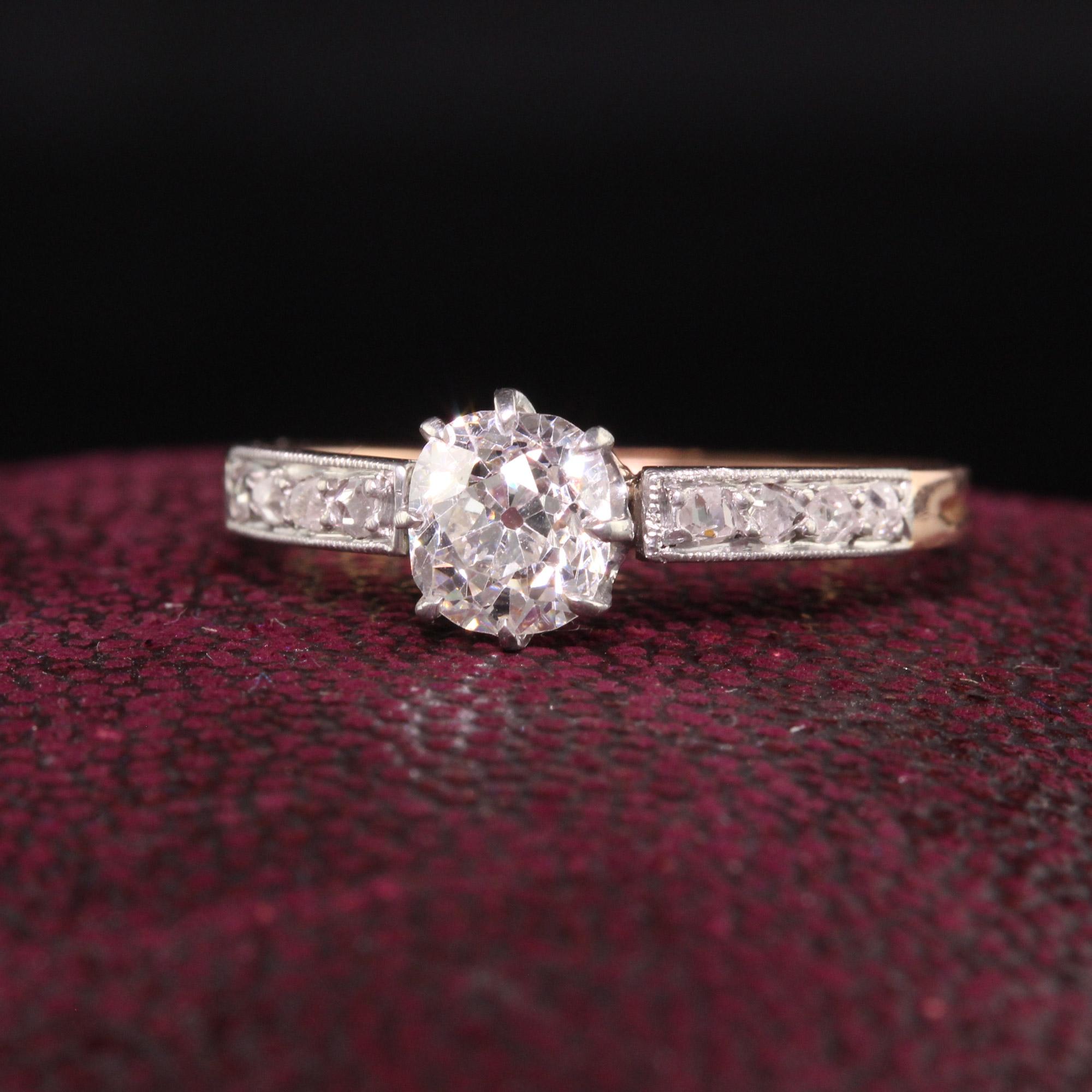 Beautiful Antique Edwardian French 18K Rose Gold Platinum Old Mine Diamond Engagement Ring. This incredible engagement ring is crafted in 18k rose gold and platinum top. The ring has an old mine cut diamond in the center and chunky old rose cuts