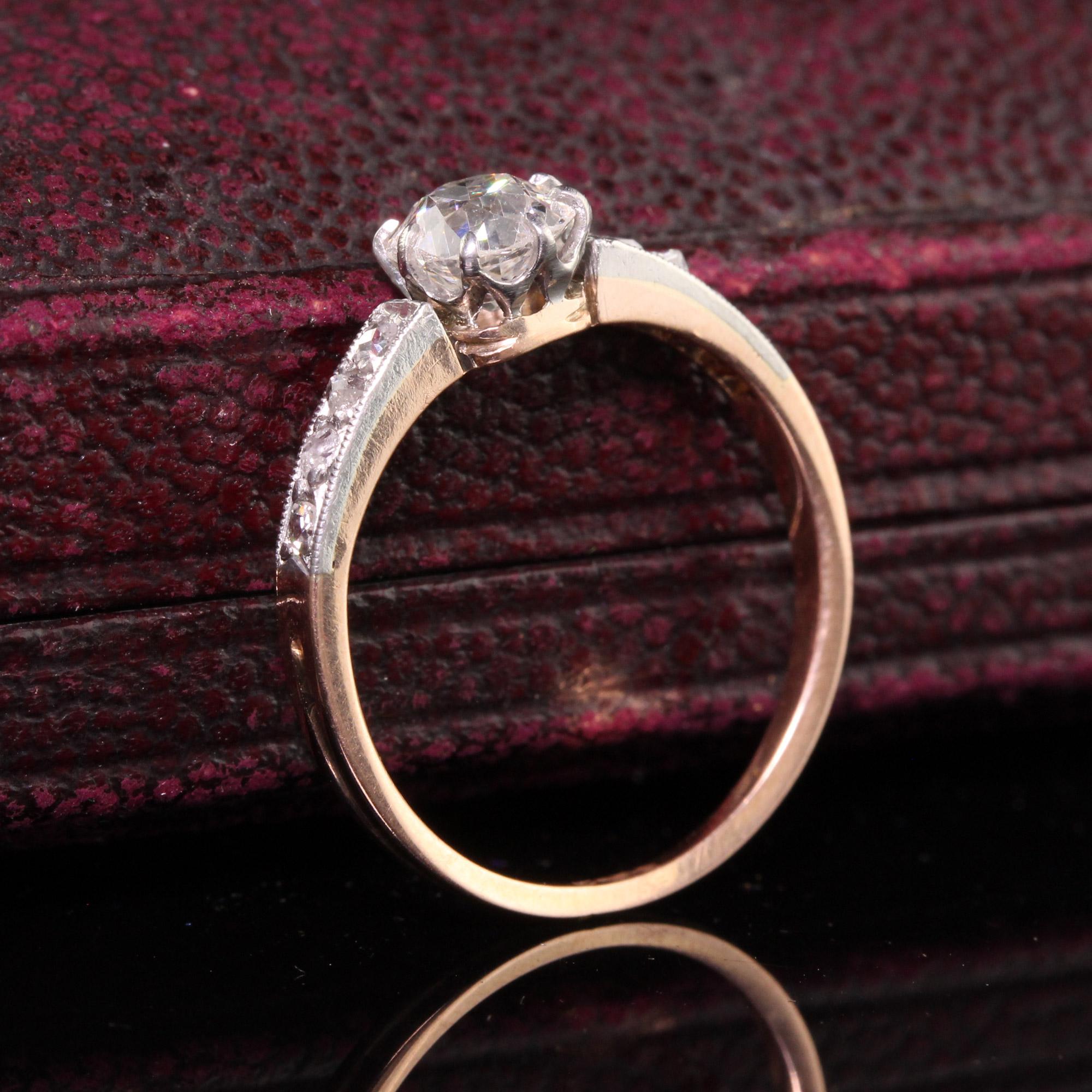 Antique Edwardian French 18K Rose Gold Platinum Old Mine Diamond Engagement Ring In Good Condition In Great Neck, NY